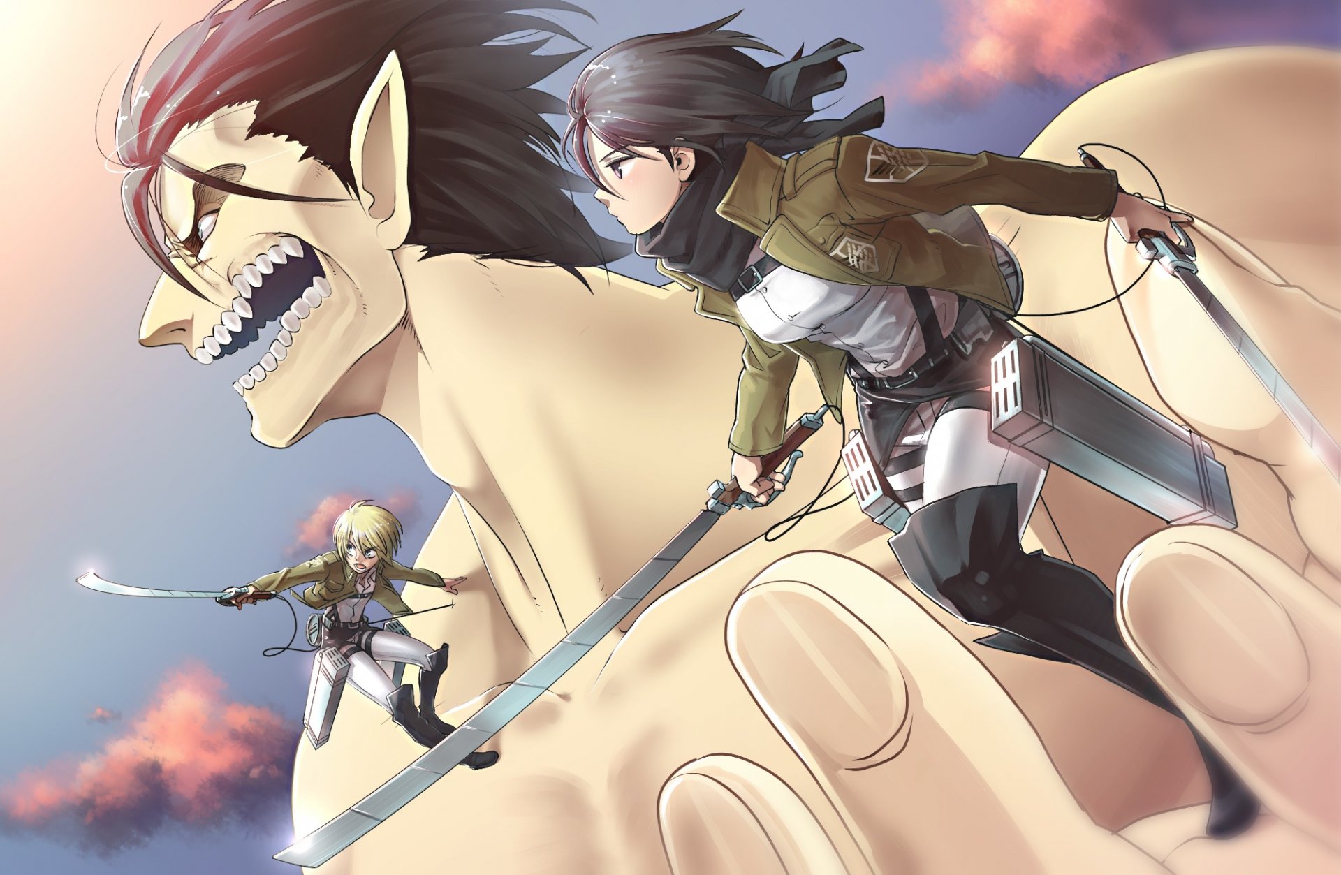 art buriki neko anime shingeki no kyojin mikasa ackerman eren jaeger armin arelet guy girl battle sword weapon giant invasion of the giants