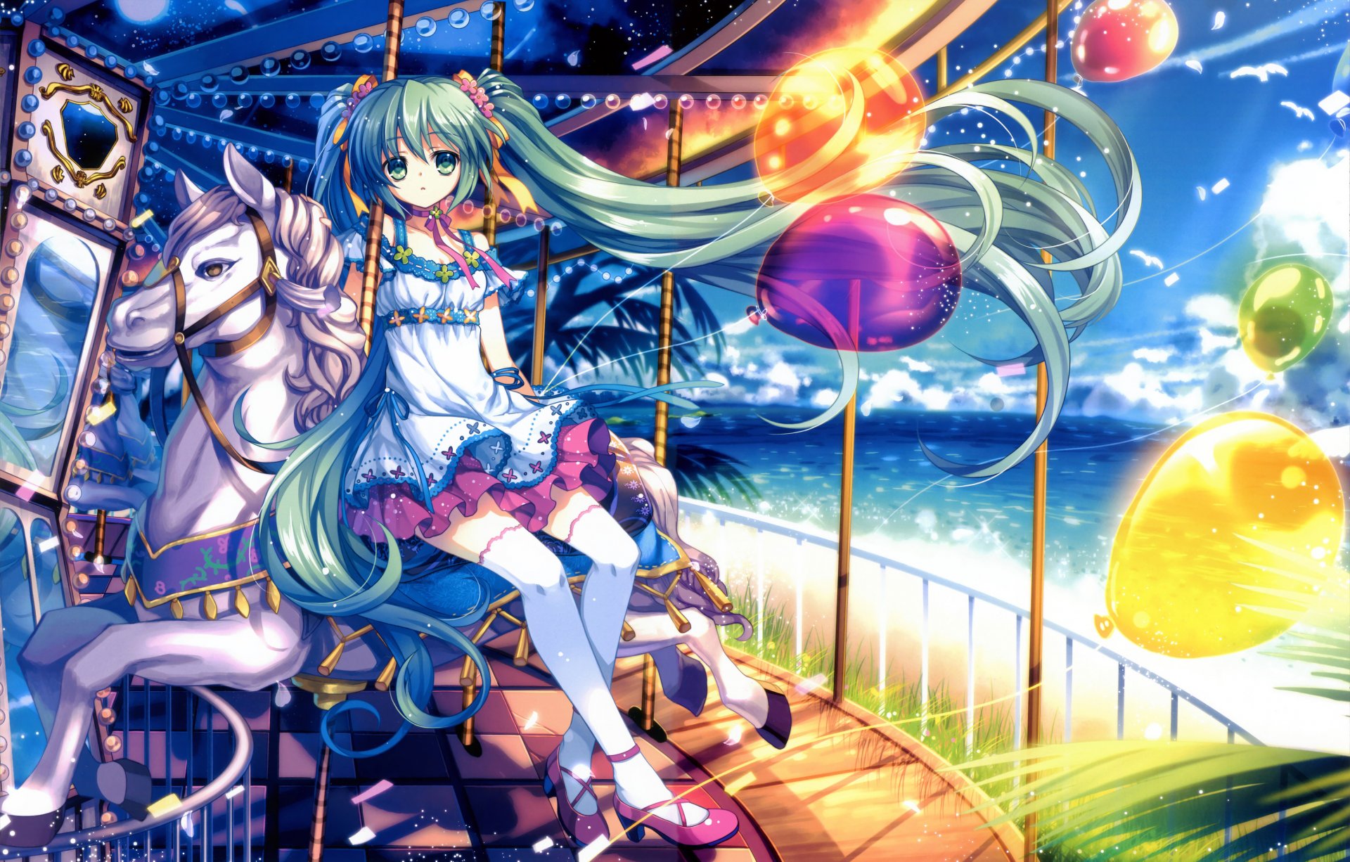 art capura lin vocaloid hatsune miku girl attractions balloons sky clouds sun horse gulls sea
