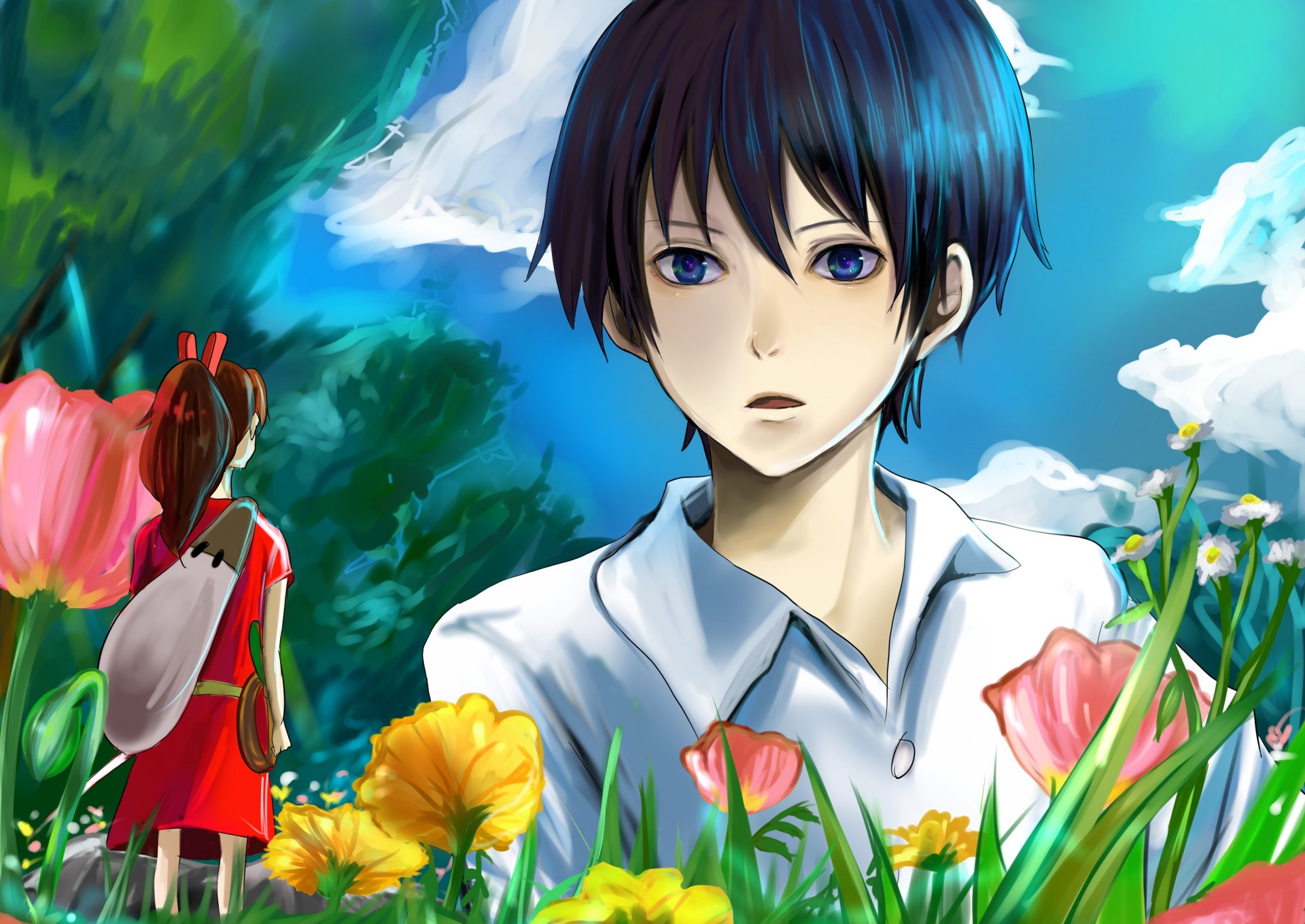 art ue san arrietty the secret world of arrietty karigurashi no arrietty shou anime girl guy flower sky clouds grass tree