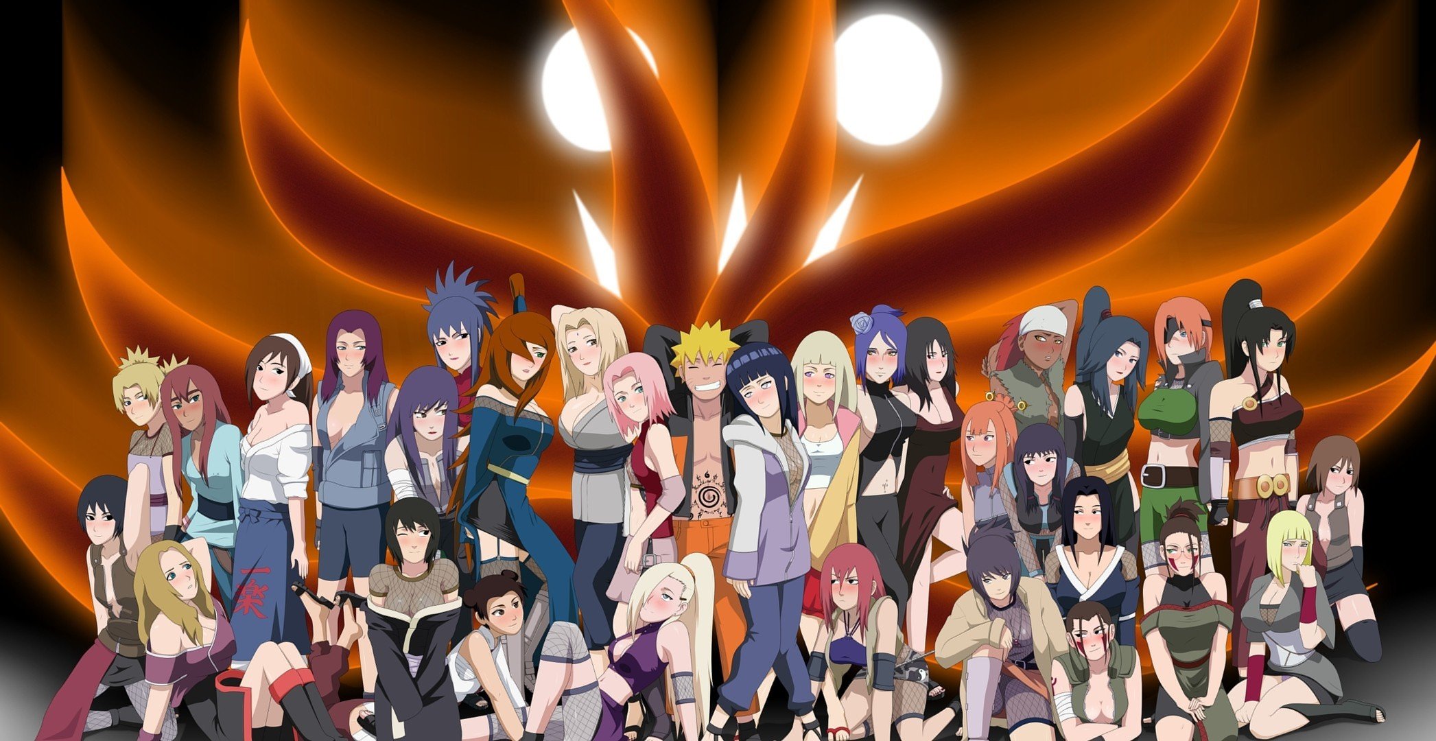 genin mizukage chunin jounin naruto uzumaki nukenin naruto shippuden kyuubi kurama kurama no yoko tail harem female cast casting group group of girls ninjas kunoichi many girls temari amaru ayame yuga