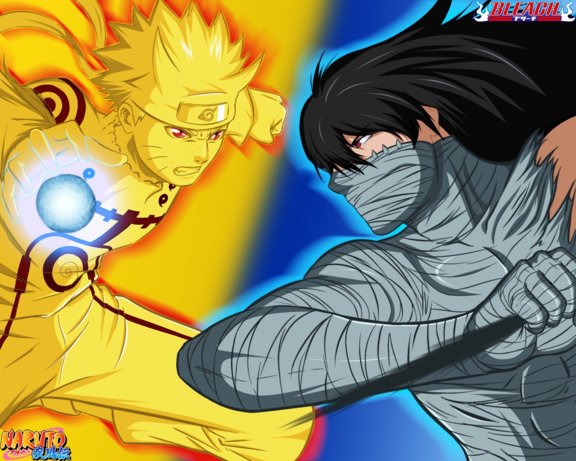 naruto vs ichigo naruto shippuden bleach crossover naruto uzumaki ichigo kurosaki mugetsu final evolution kyuubi mode hitayate logo konohagakure no sato tensa sangetsu rasengan jutsu transformation ba