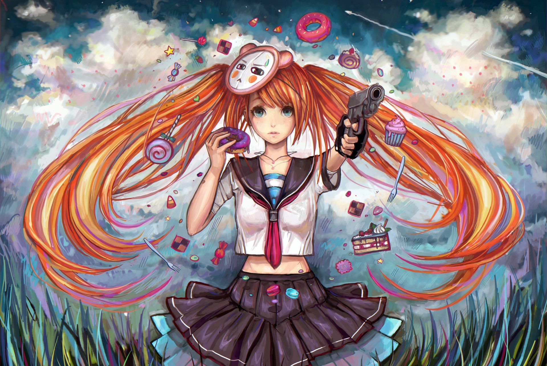 art mirukawa girl red tails weapon donut gun mask sweets