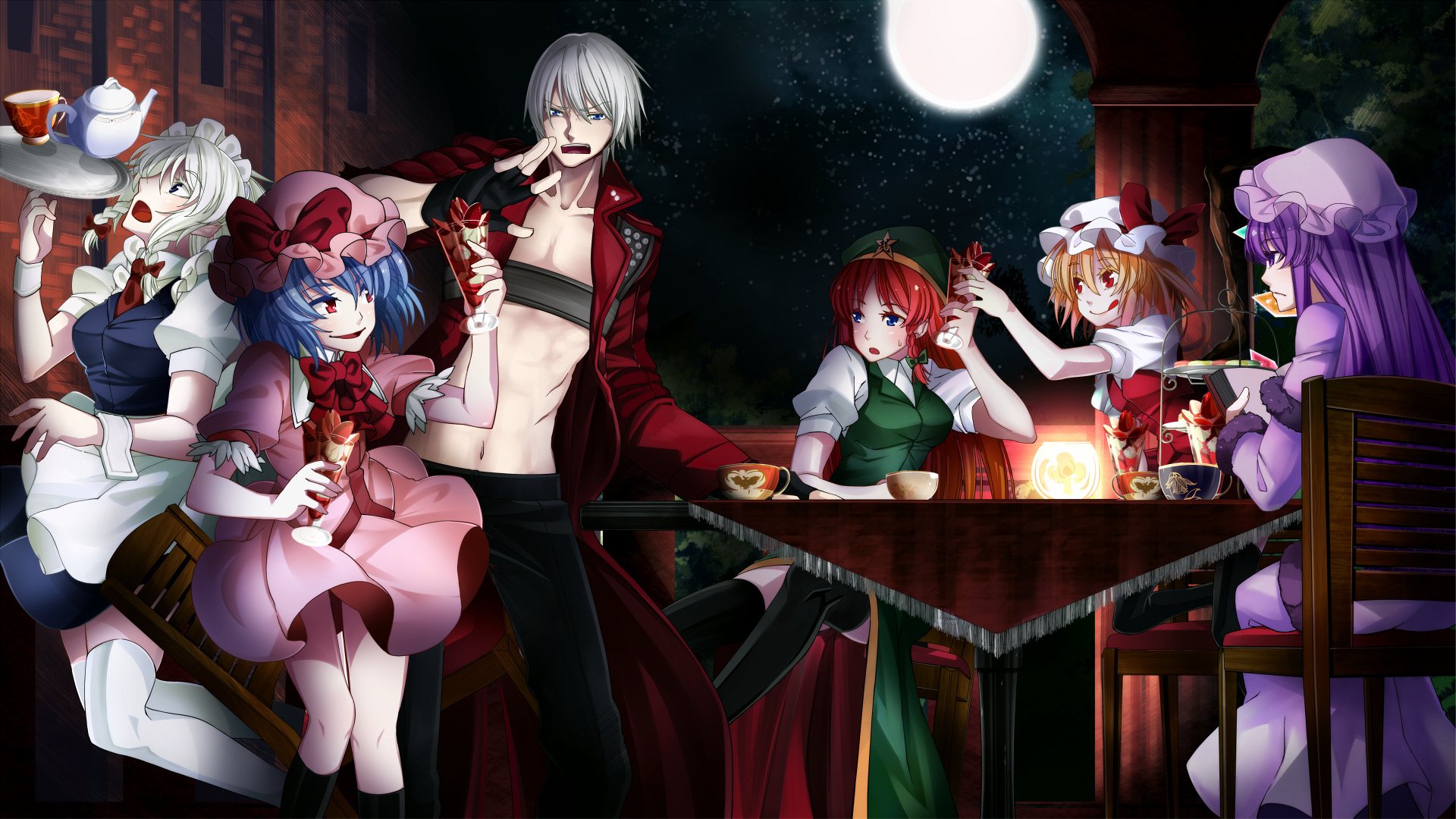 devil may cry dante touhou flandre scarlet hong meiling izayoi sakuya patchouli knowledge remilia scarlet guy girls sports table night tea beverages moon humor funny perturbation emotions room candle