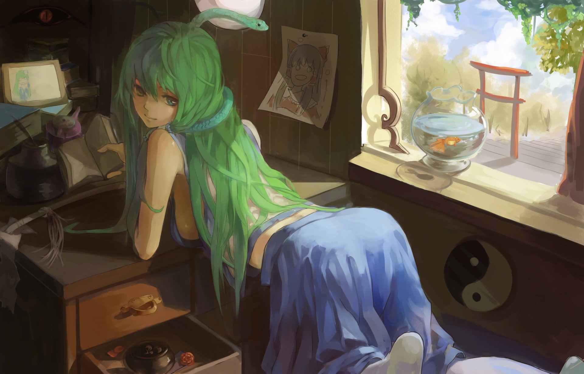 kochiya sanae touhou girl room window snake aquarium fish