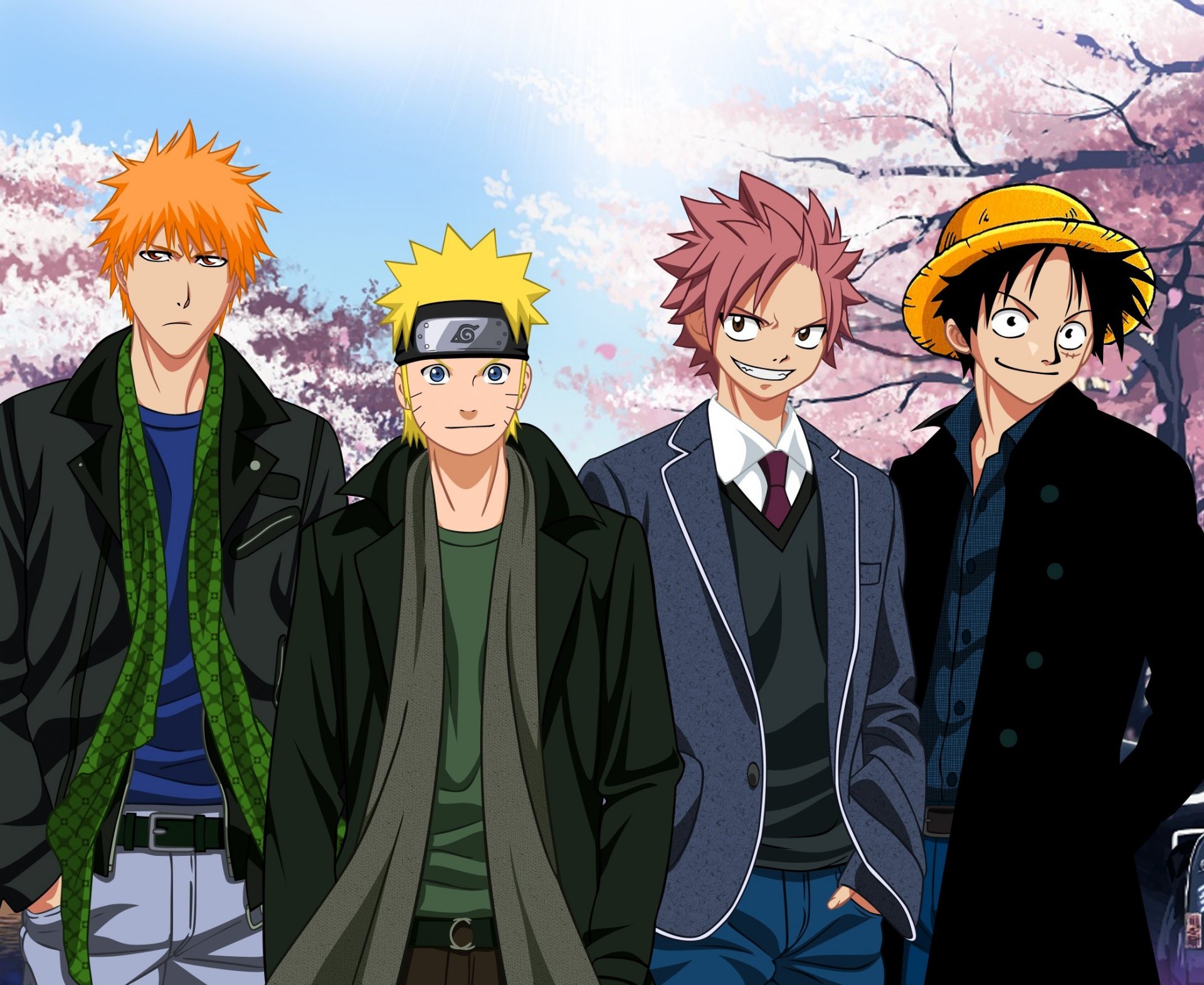 ichigo kurosaki naruto uzumaki natsu natsu dragneel luffy crossover kurosaki ichigo uzumaki naruto monkey d. luffy bleach naruto shippuden fairy tail one piece shinigami substitute shinigami visard ho