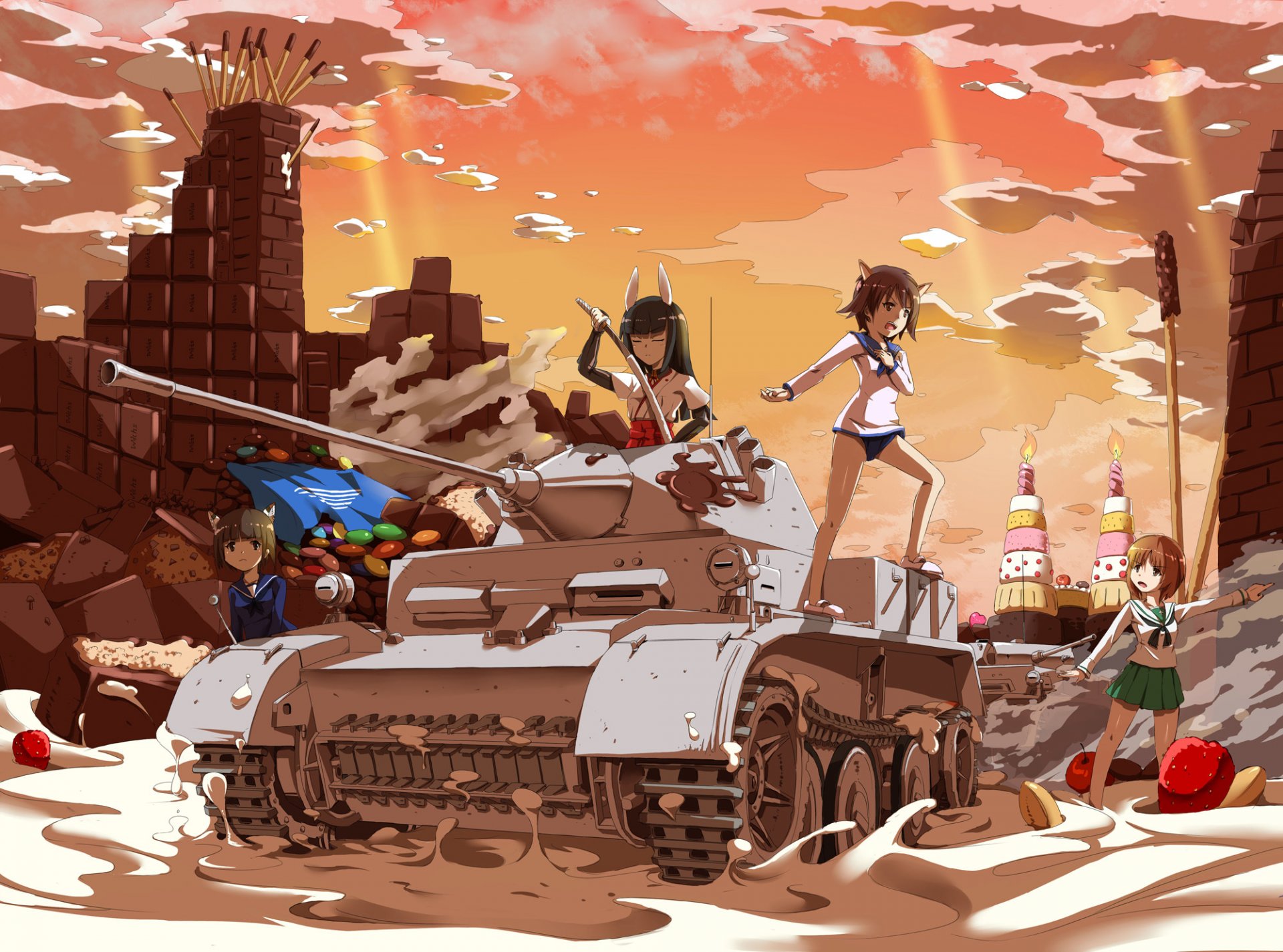 art sirills anime and girls tanks girls und panzer strike witches assault witches anabuki tomoko miyafuji yoshika nishizumi miho sakomizu haruka girls tank sweets chocolate matches strawberry schoolgi