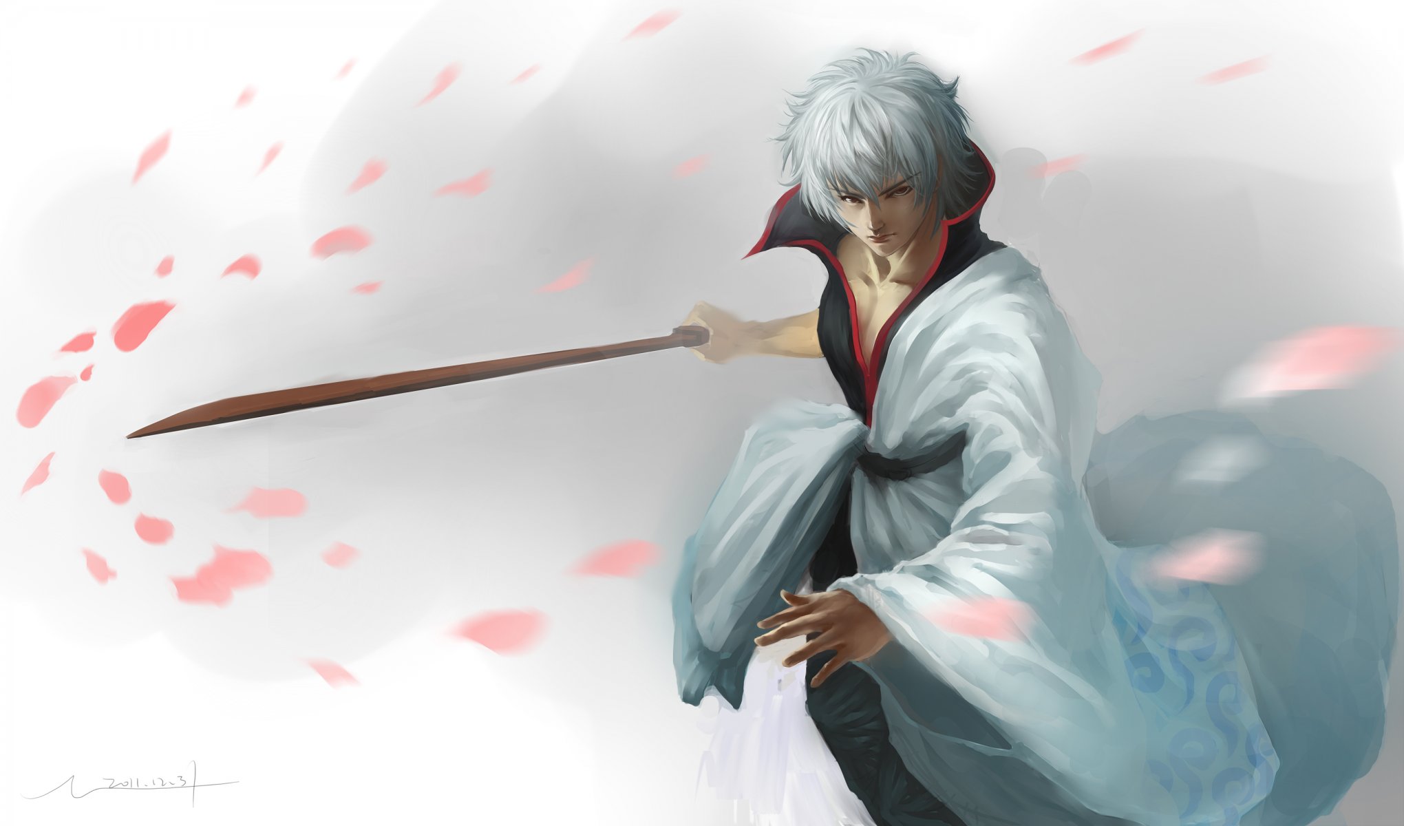 gintama sakata gintoki art hangleing guy katana sword petals