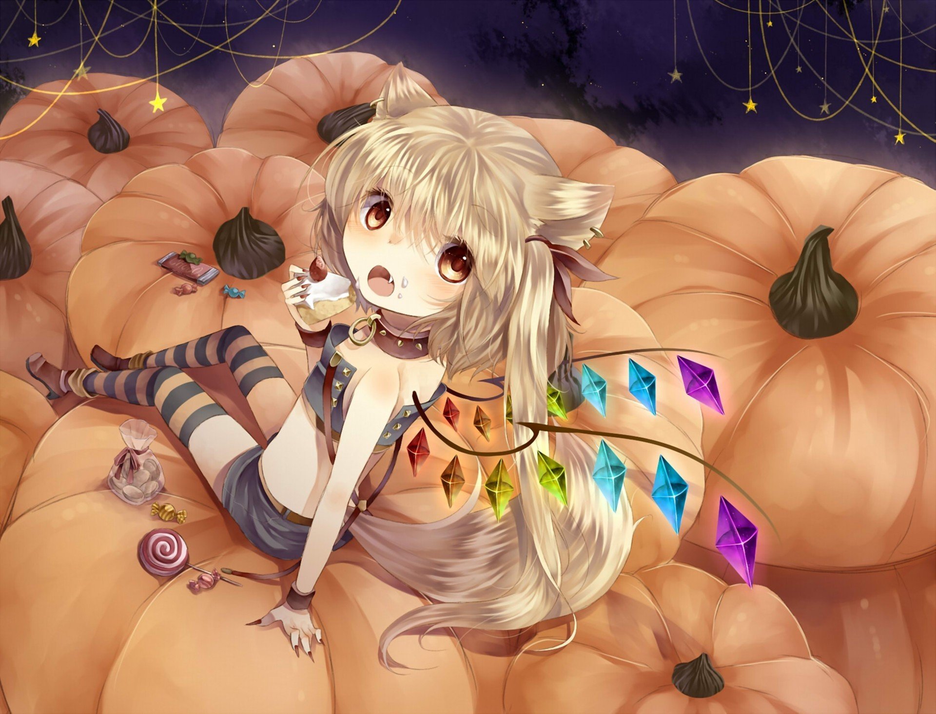art tepes touhou flandre scarlet halloween pumpkin sweets candy piece cake ears tail kristelly wings
