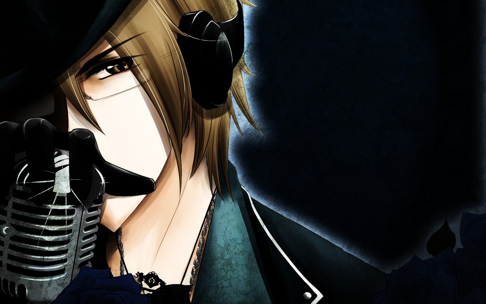 vocaloid hiyama kiyoteru guy headphones microphone flower dark background hat sunglasses