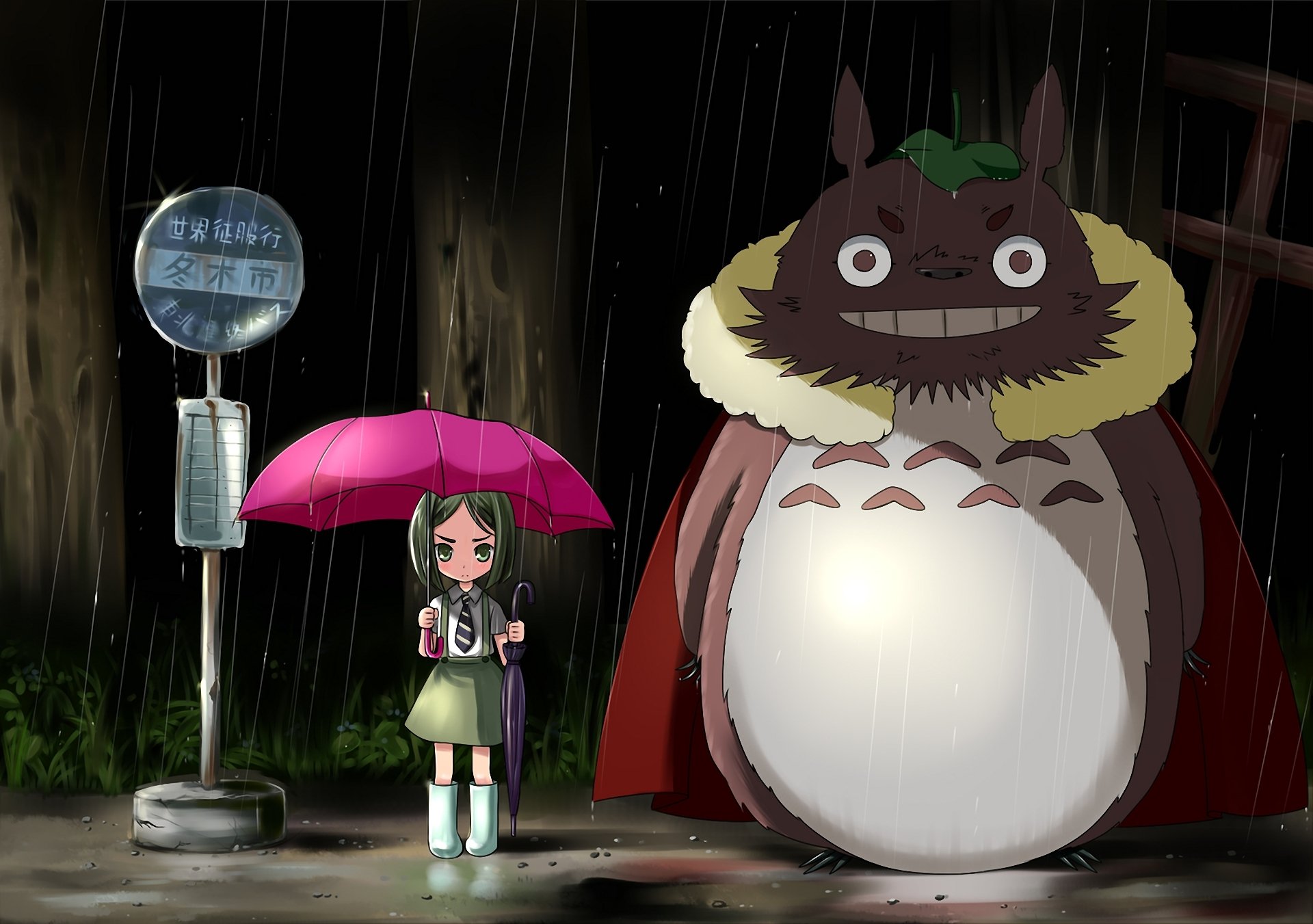my neighbor totoro tonari no totoro rain stop girl umbrella pink night