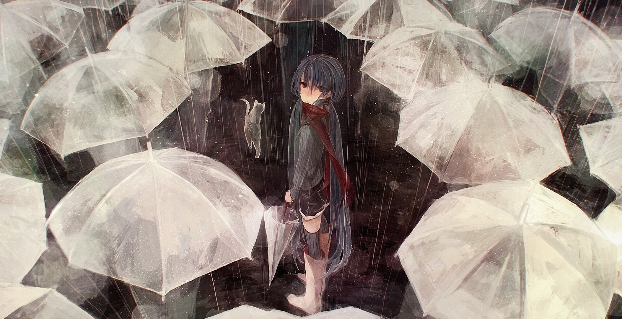 art hatsune miku vocaloid people umbrella umbrellas cat rain crowd