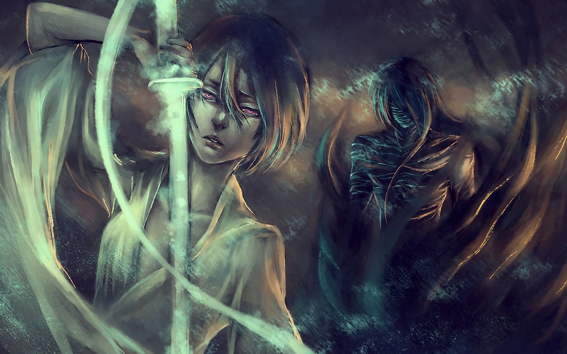 nanfe bleach kurosaki ichigo kuchiki rukia weapon sword looking at the viewer