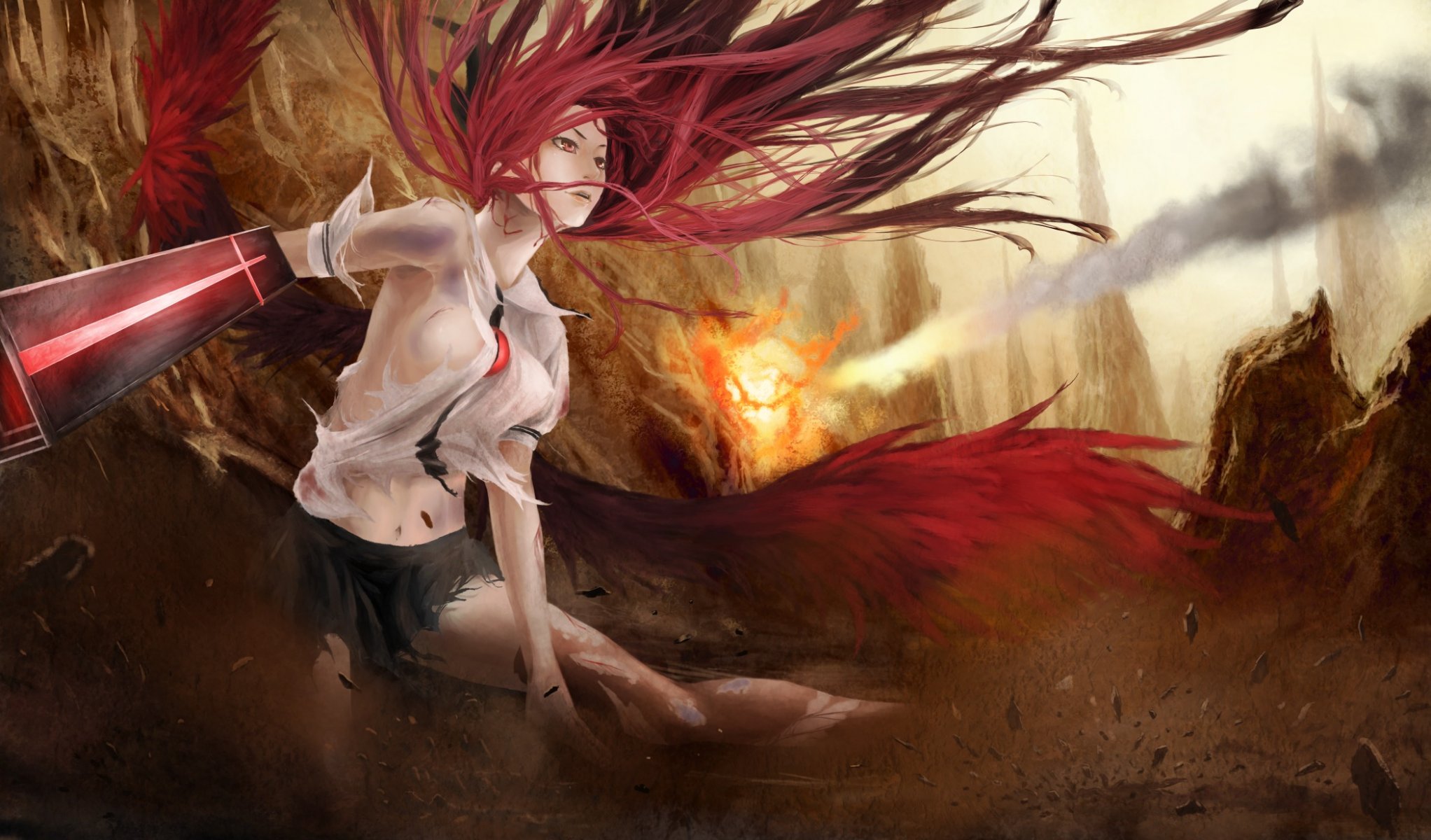 akaikitsune touhou reiuji utsuho girl long hair solo red hair weapon wings torn clothes