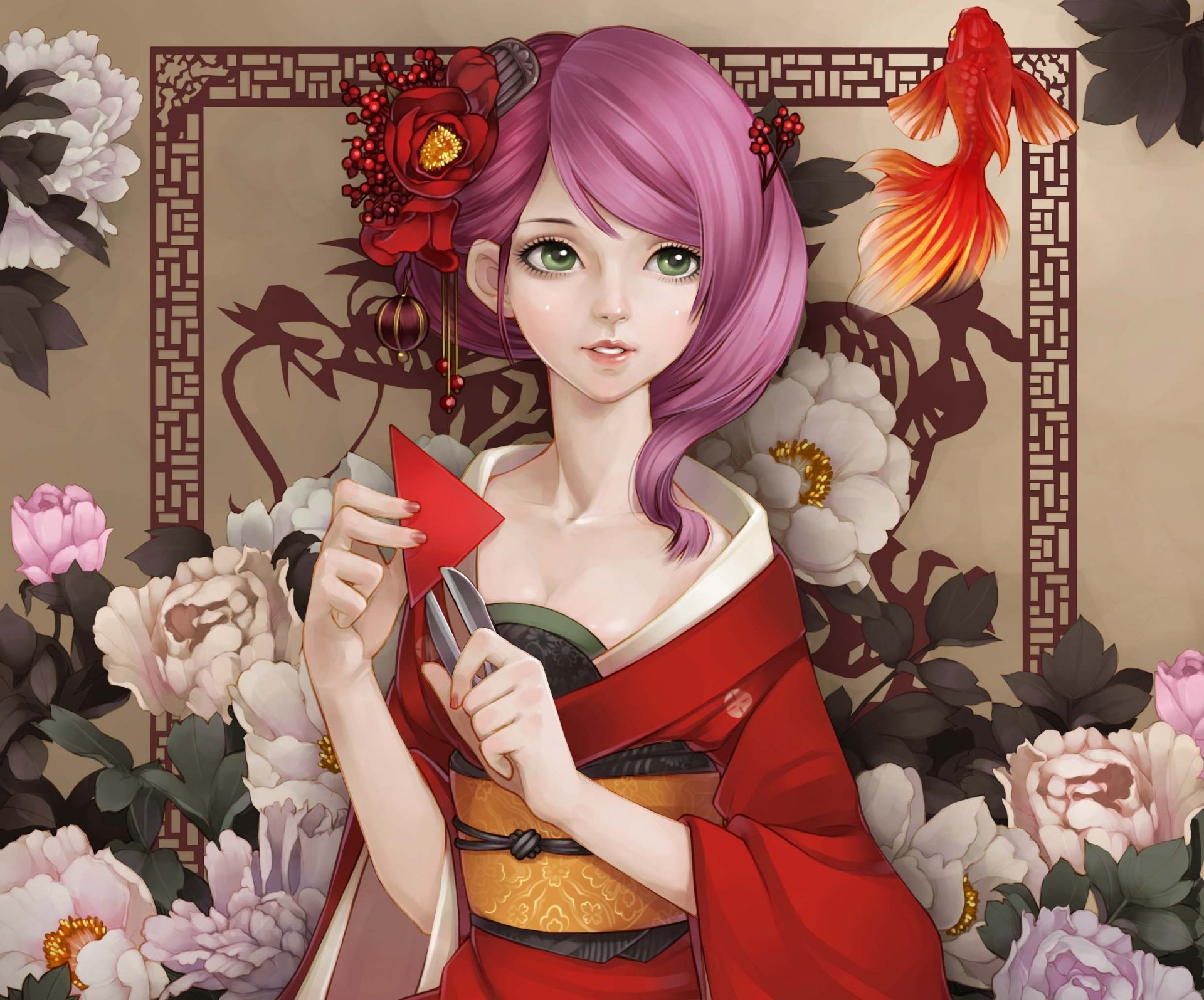 art dong xiao girl flower peonies fish gold kimono paper scissors