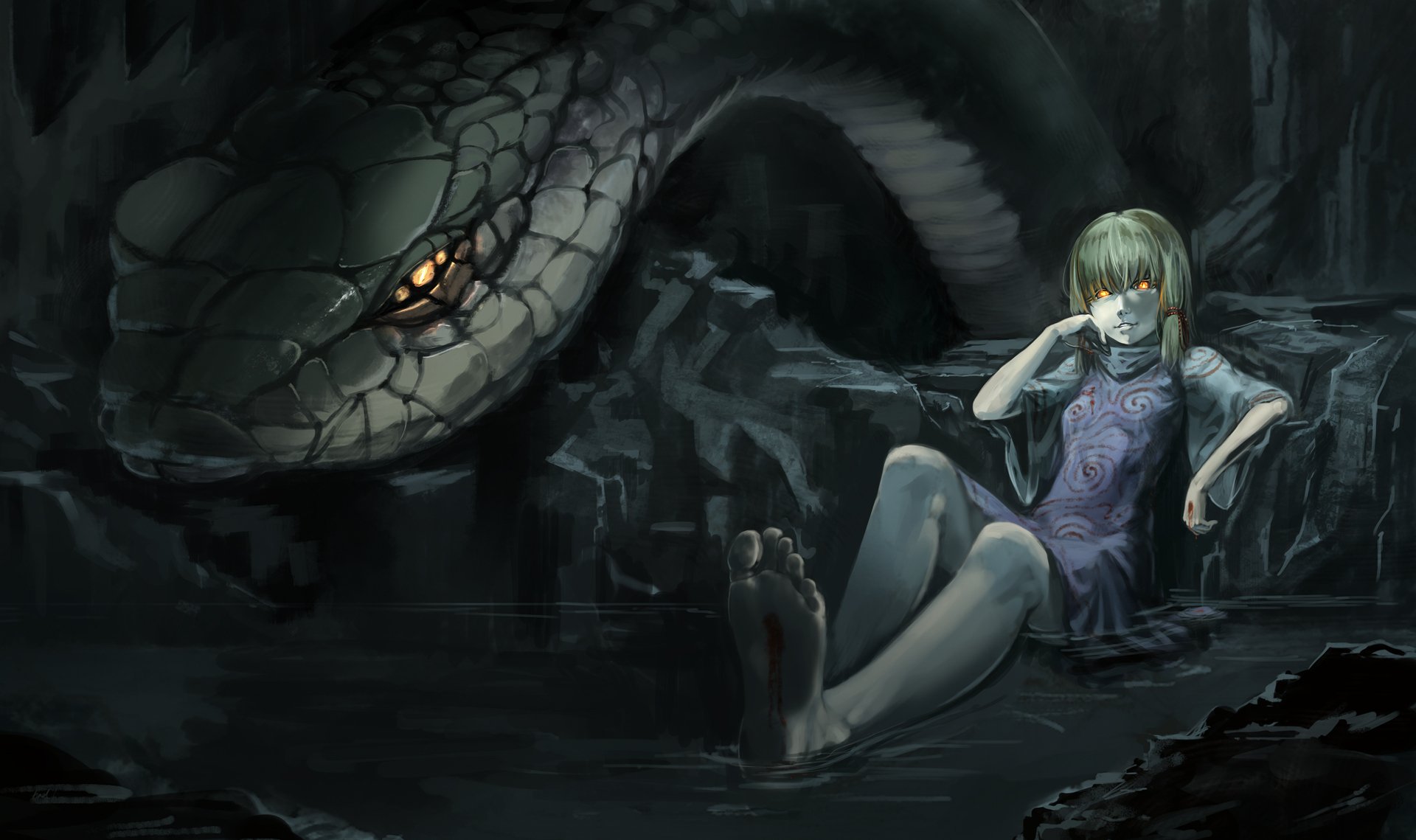 moriya suwako touhou girl snake water cave blood burning eyes