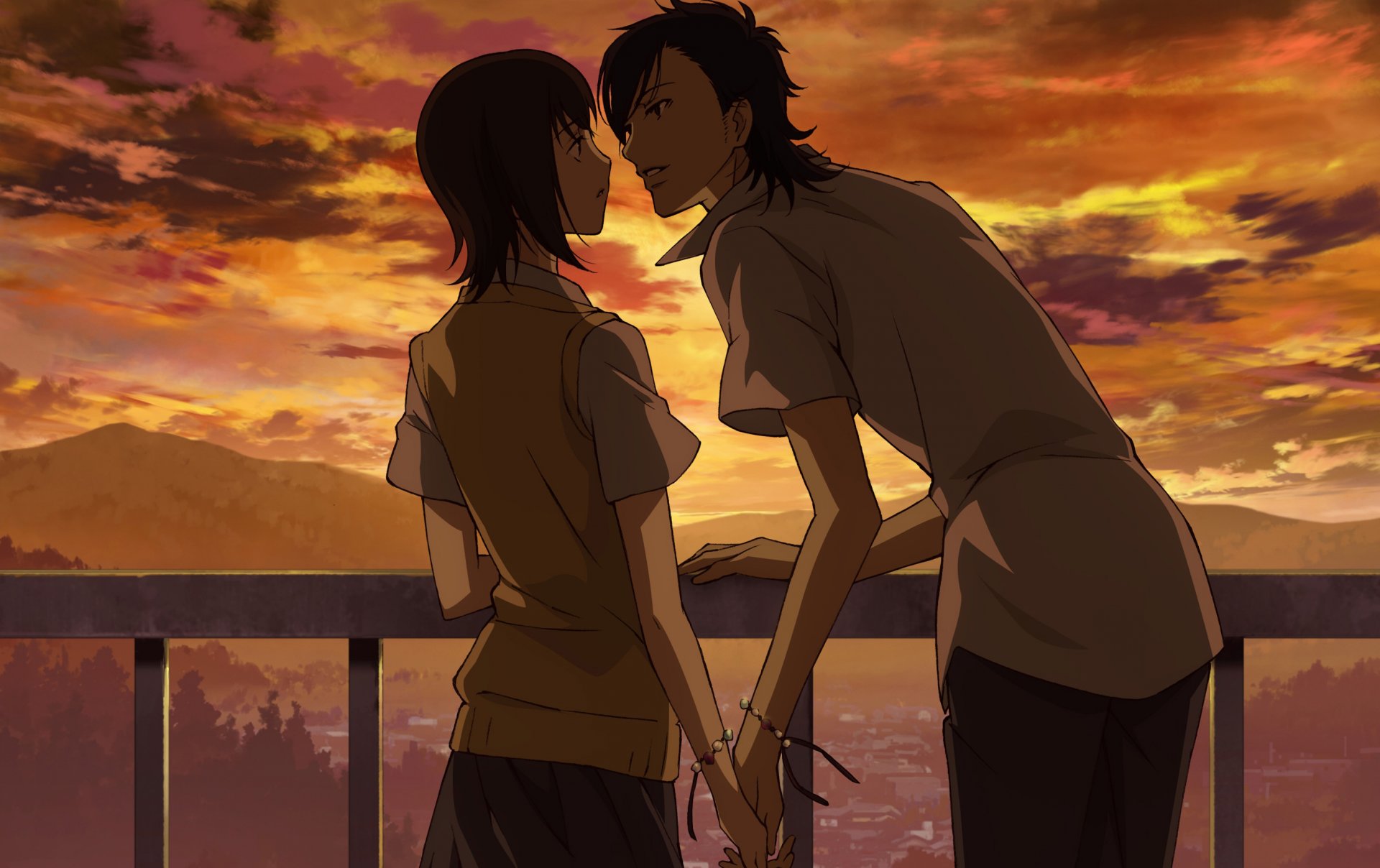 suki-tte ii na yo say i love you kurosawa yamato tachibana mei guy girl sunset clouds holding hands almost kiss school uniform love the pair