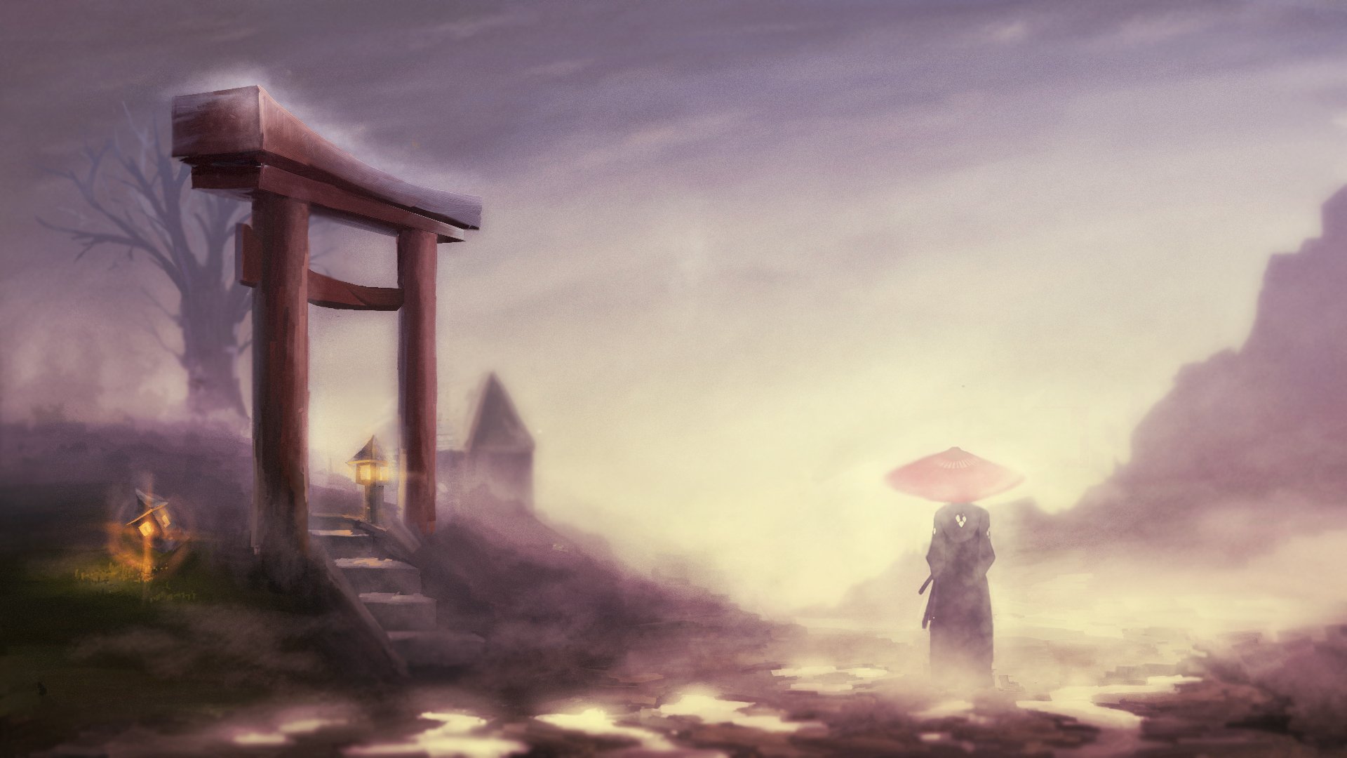 samurai champloo jin fog landscape gate samurai men kimono lamps tree umbrella