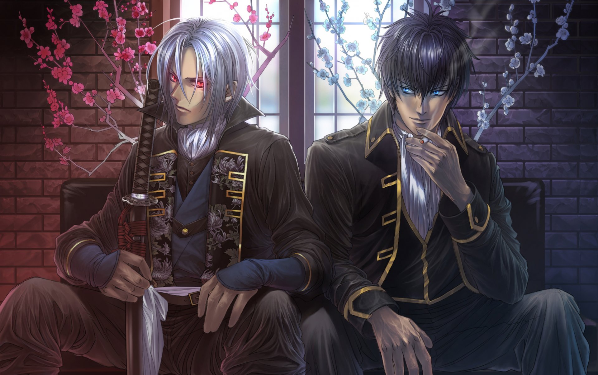 gintama hakuouki hijikata toshizou hijikata toushirou demons pale cherry man sitting flower red eyes window cigarette smoke katana sword