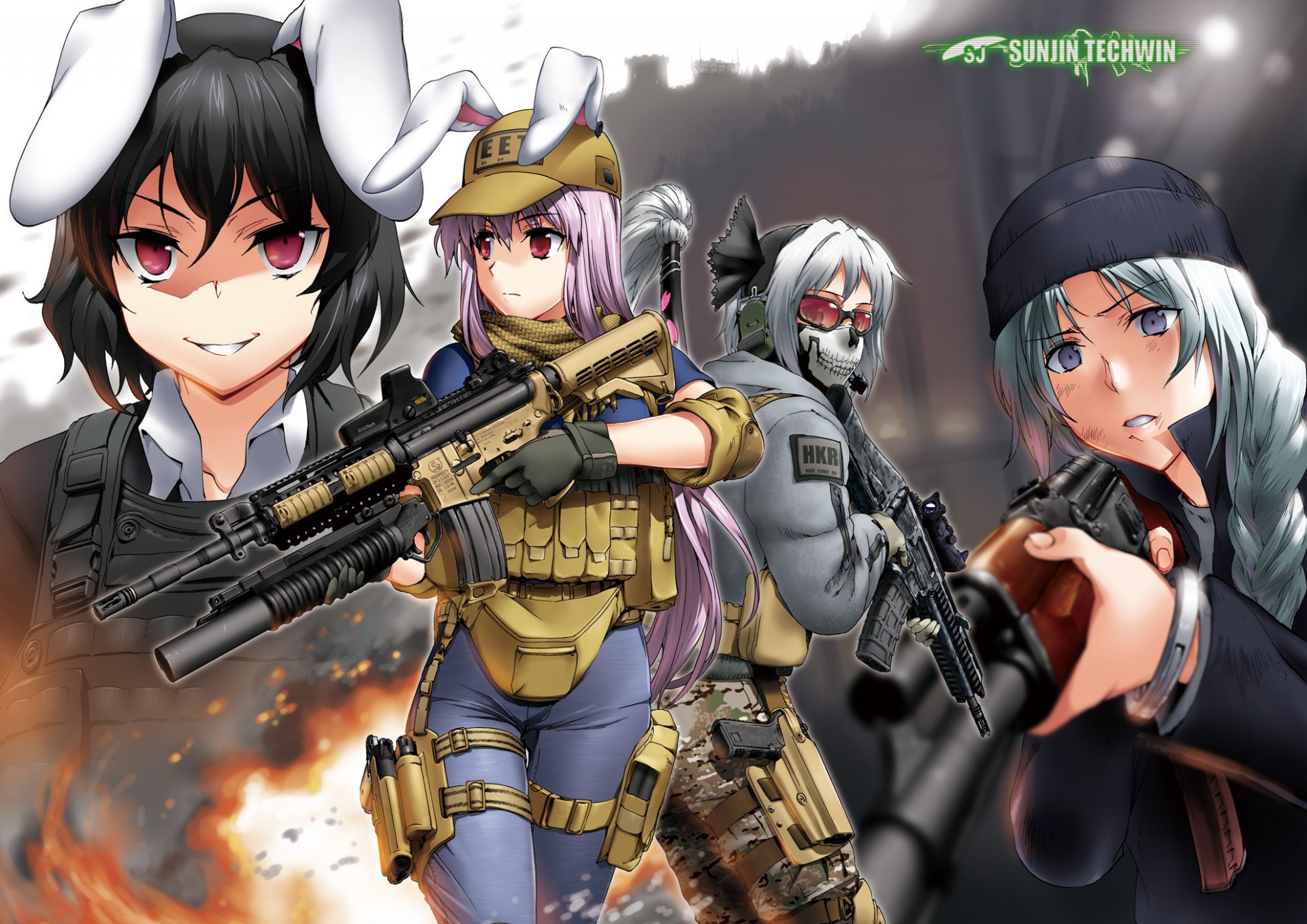 art byeontae jagga call of duty touhou inaba tewi konpaku youmu reisen udongein inaba yagokoro eirin girls weapon form sunglasses ears