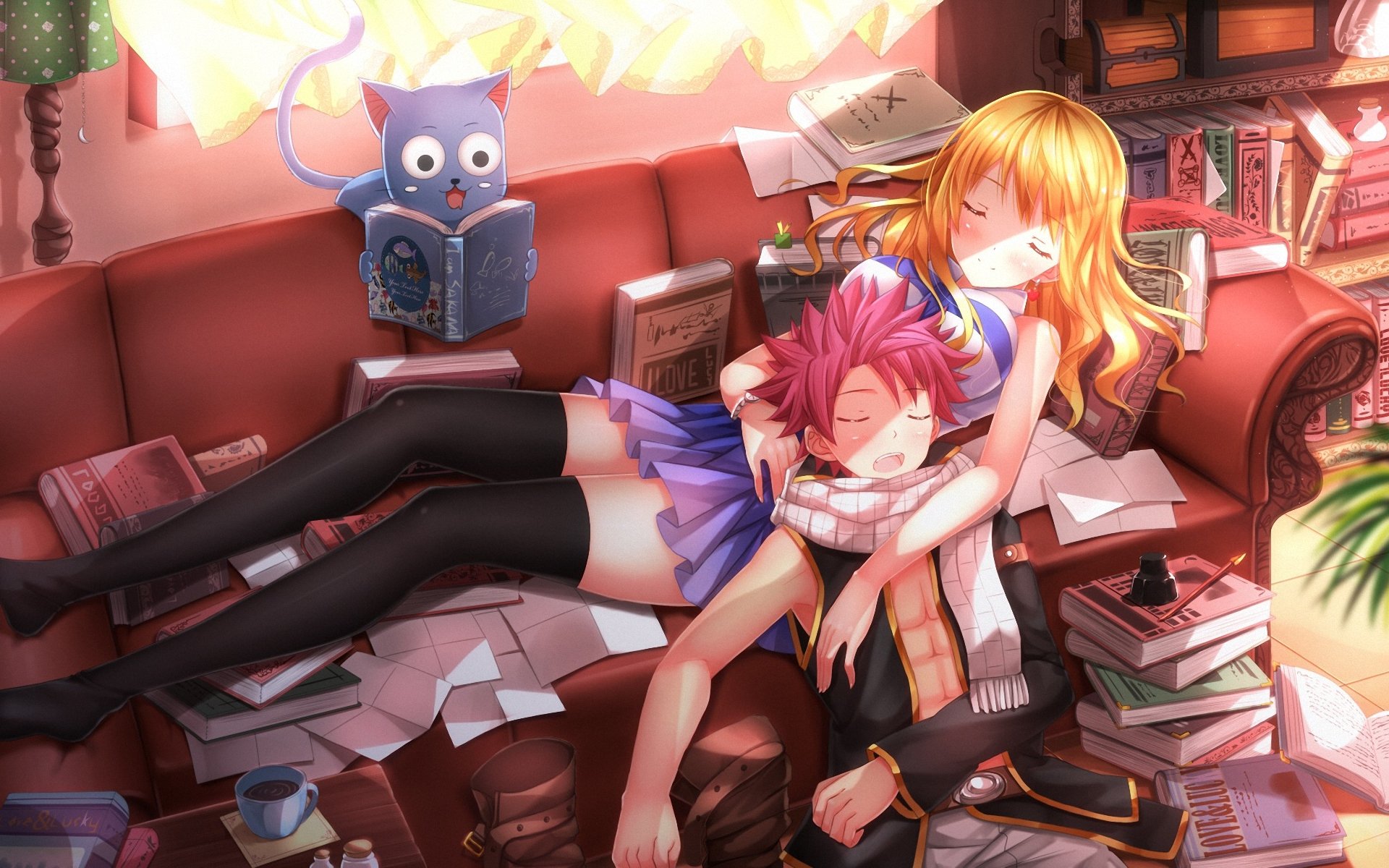 art swordsouls fairy tail happy lucy heartfilia natsu dragneel guy girl cat sofa sleeping sleep books