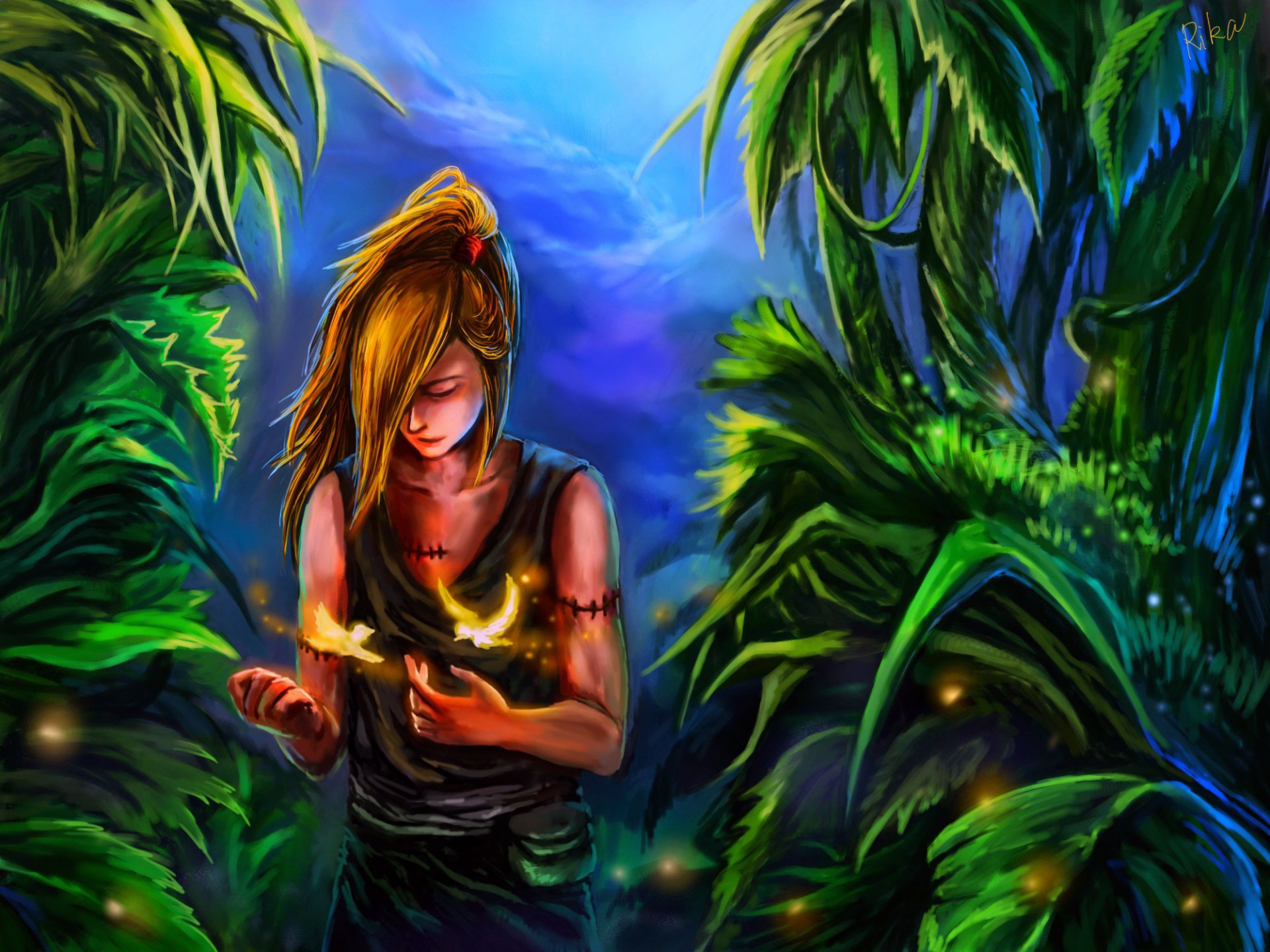 art rikamello naruto guy magic birds forest green scars