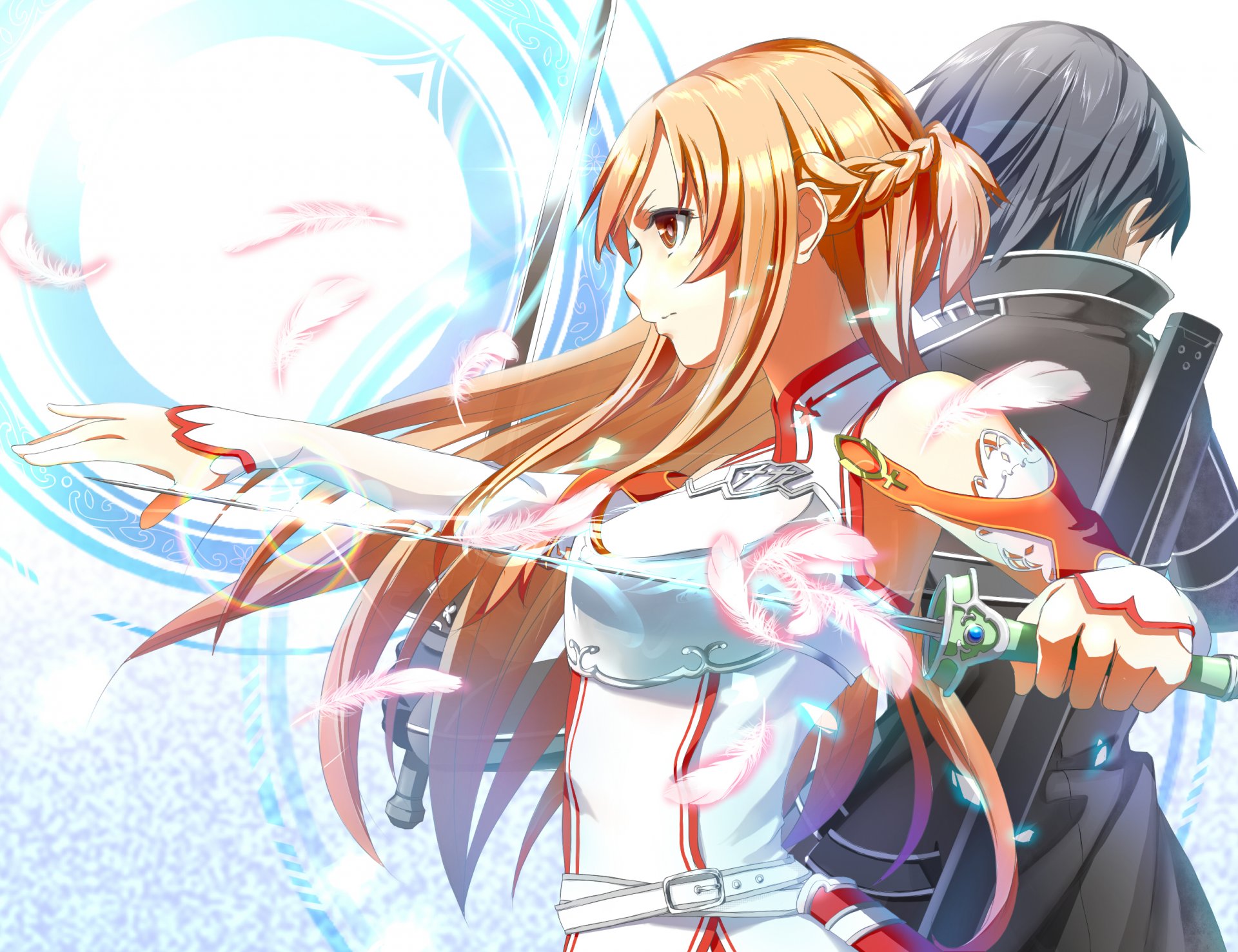 sword art online asuna yuuki art kirito kirigaya kazuto black hair braids feather gloves long hair orange hair red eyes short hair sword warrior