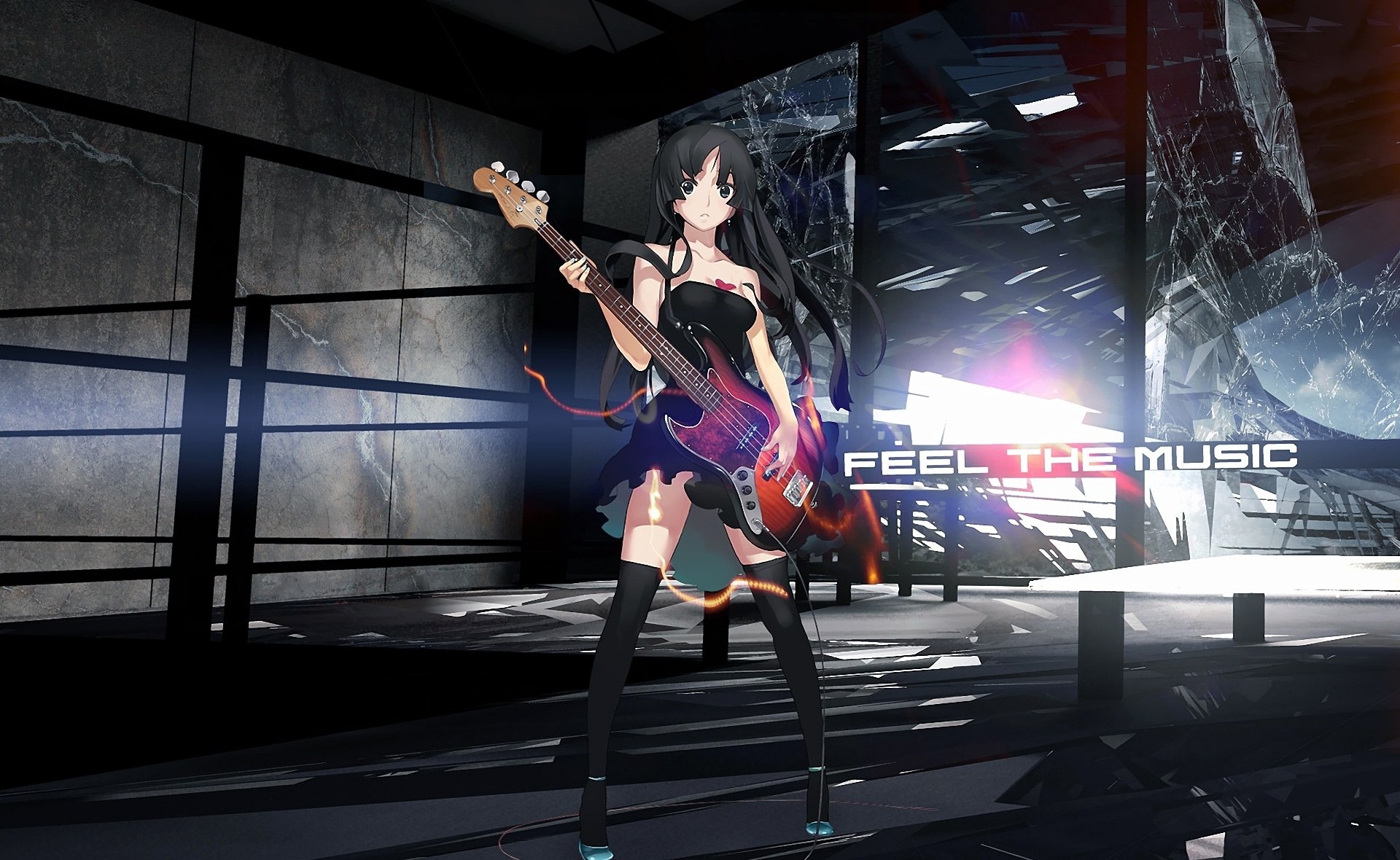 k-on! akiyama mio girl guitars rendering inscription glass broken