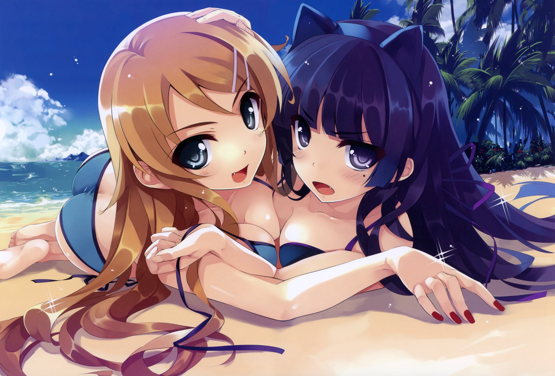 panty & stocking with garterbelt girls beach swimsuit sand sea ears palm