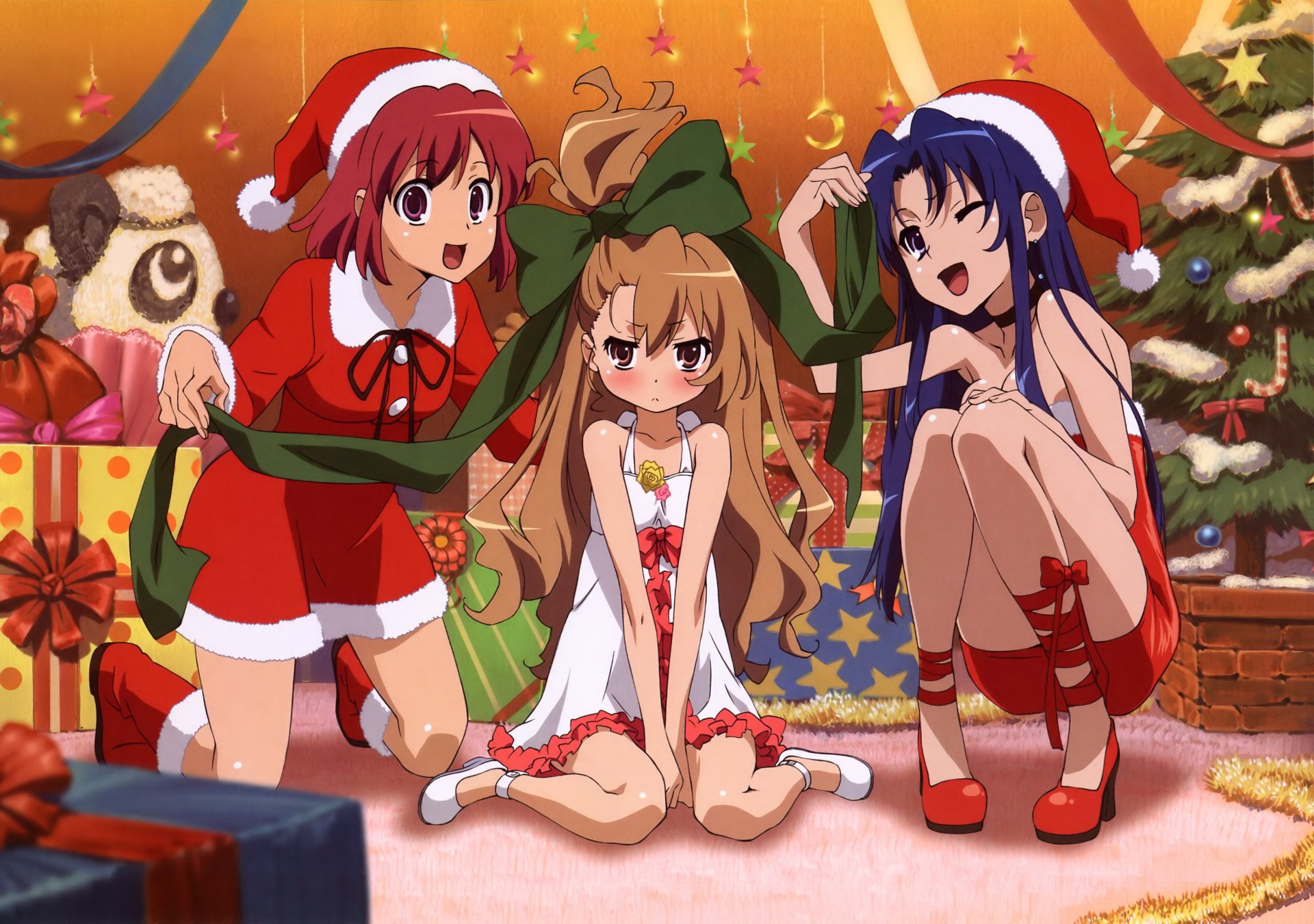 toradora! aisaka taiga kawashima ami kushieda minori girls holiday new year suits christmas tree gifts bow emotions