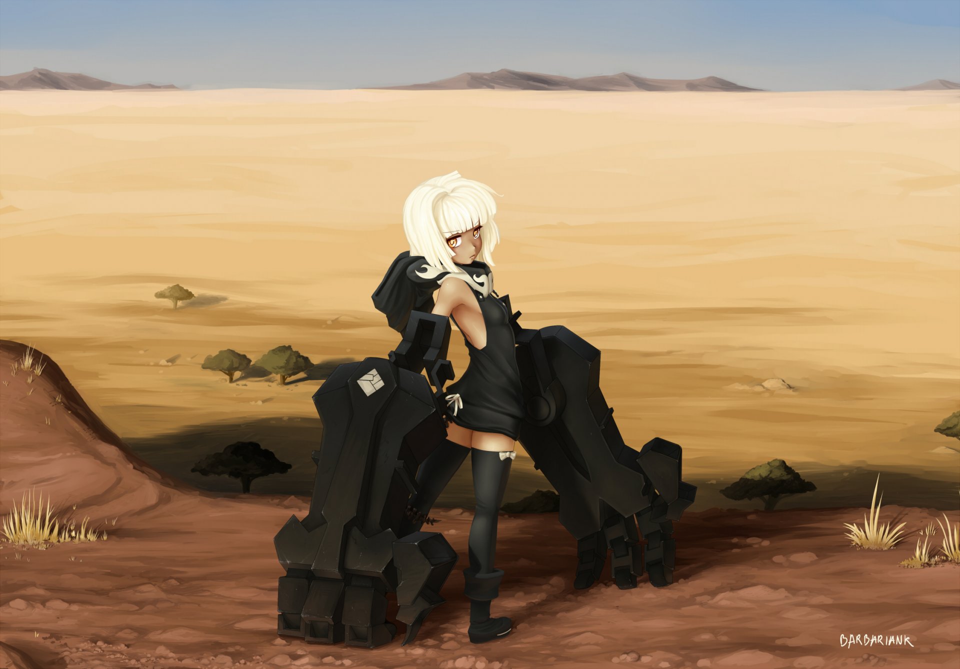 art black rock shooter girl hands metal weapon desert sand stockings
