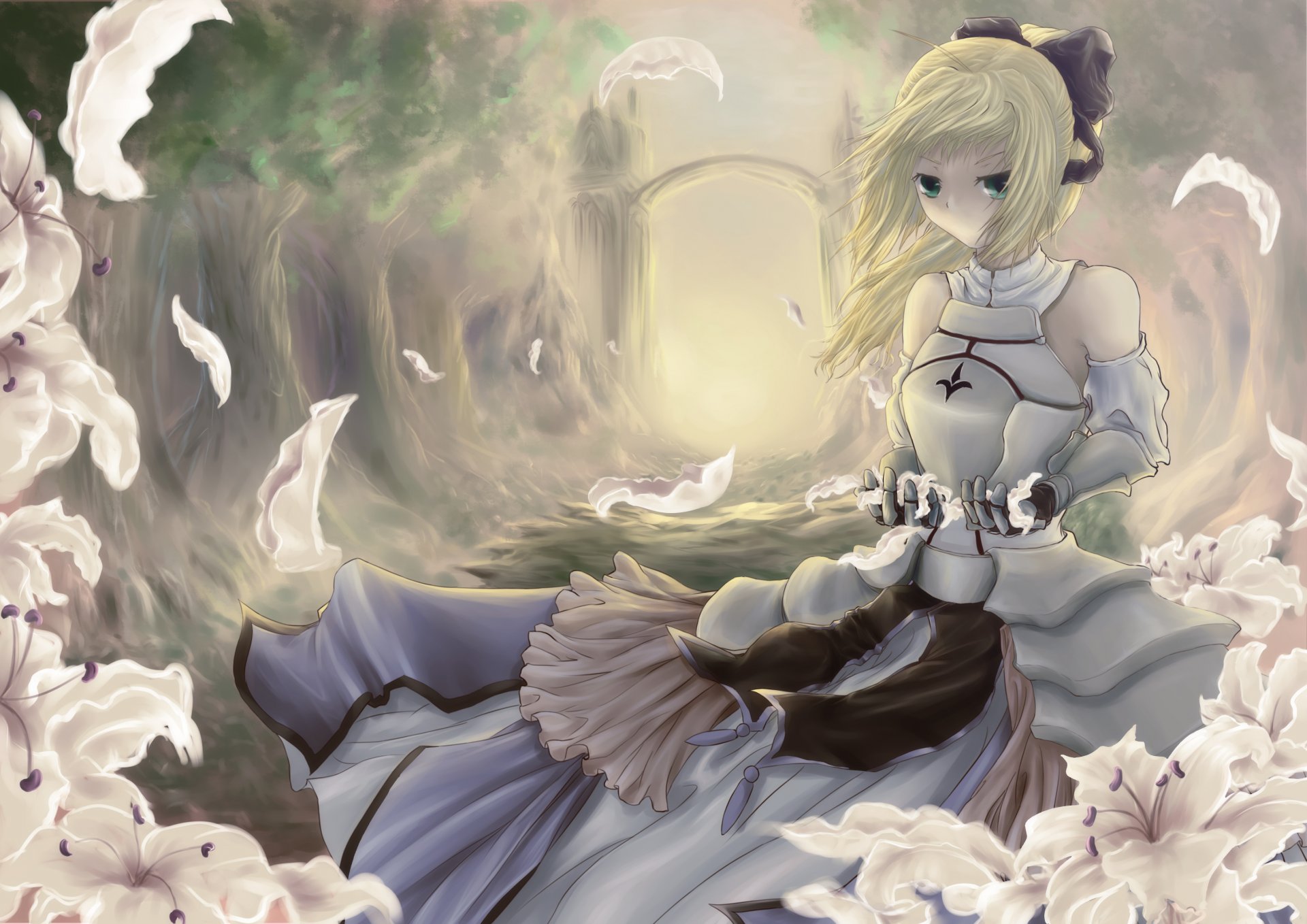 fate stay night fate zero saber lily girl lilies flower bow forest tree arch petals