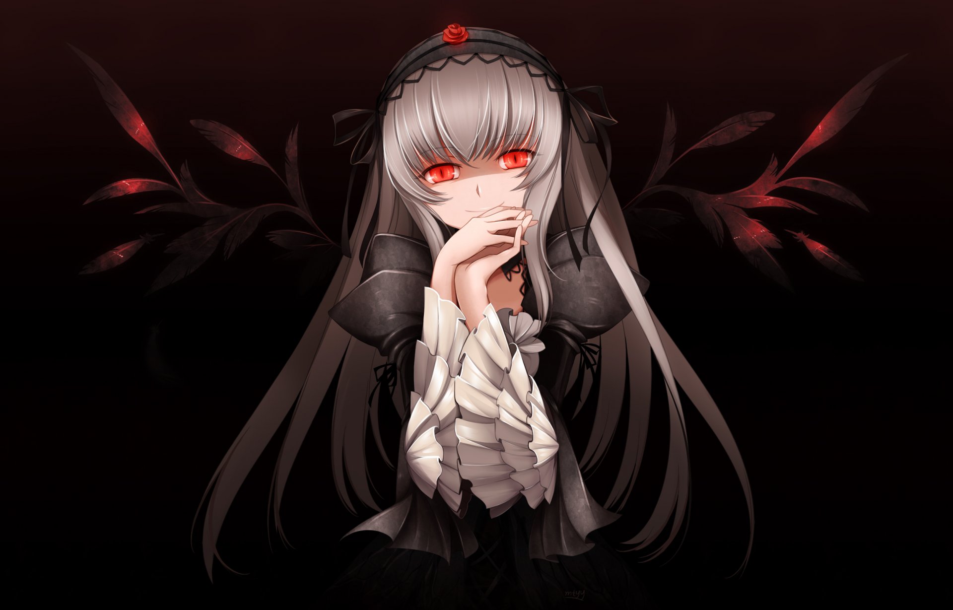 art mtyy rozen maiden suigintou girl dark background wings feathers red eyes