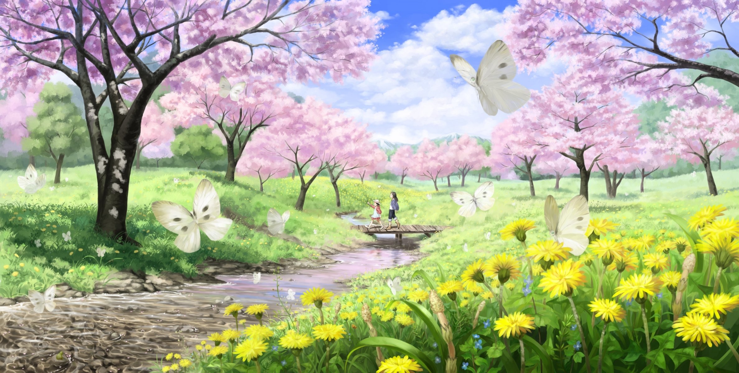 art imaoka landscape spring sakura river creek bridge girls butterfly dandelions walk