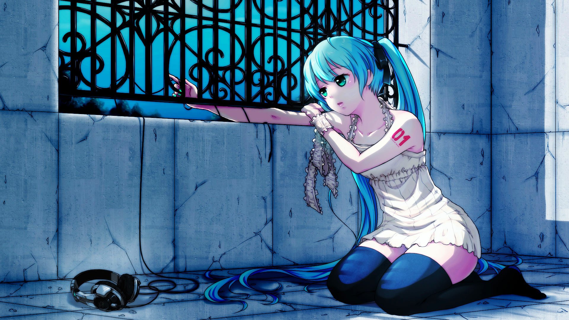 hatsune miku vocaloid headphones grille window stockings night wall sadness