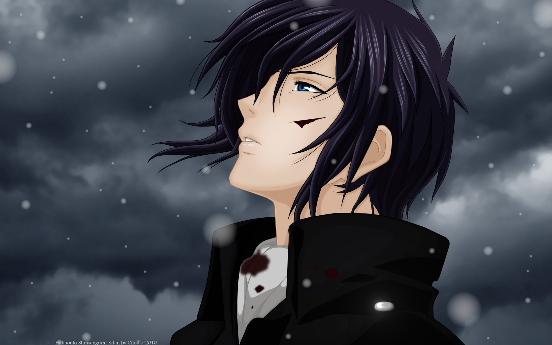 hakuouki shinsengumi art cilou saitou hajime hajime saito guy cut blood snow clouds