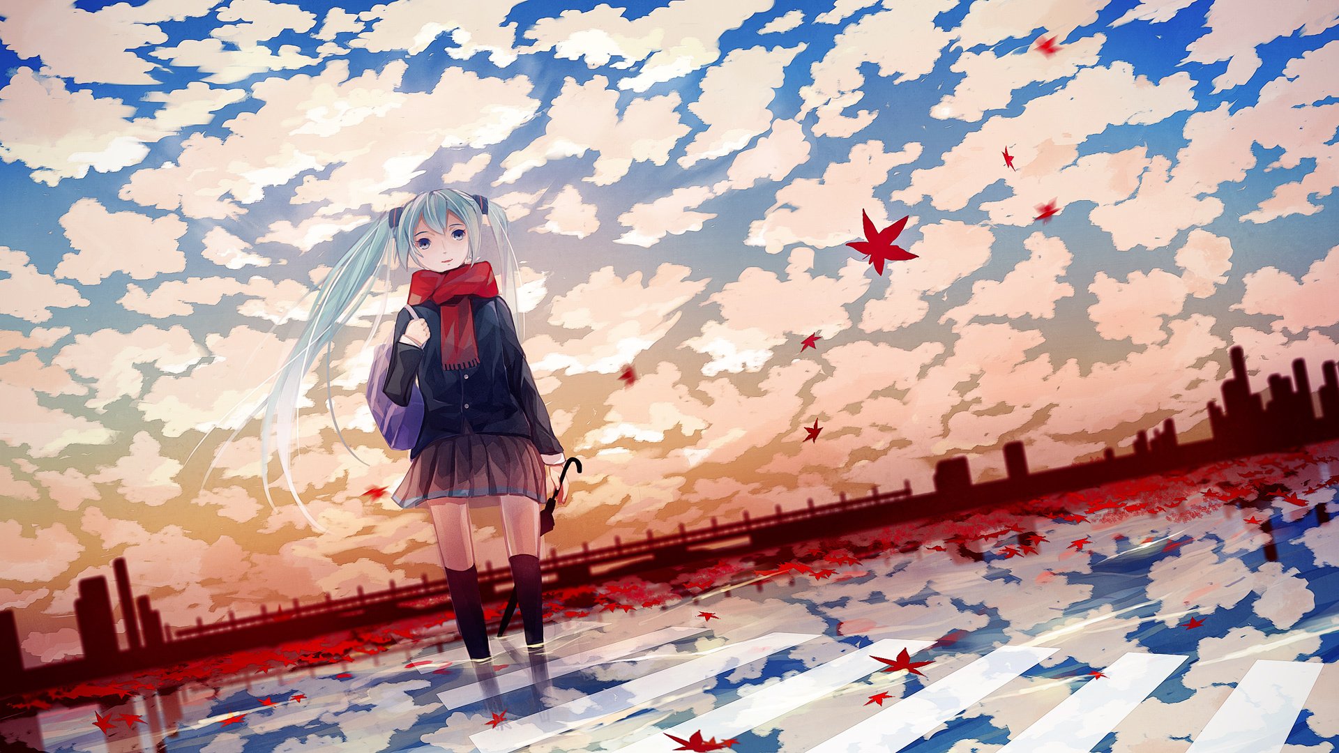 anime autumn mika leaves umbrella vocaloid girl vokaloid