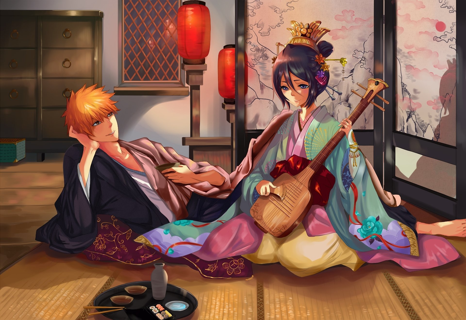 art muza4370 bleach kurosaki ichigo kuchiki rukia girl guy kimono musical instruments screen flashlights