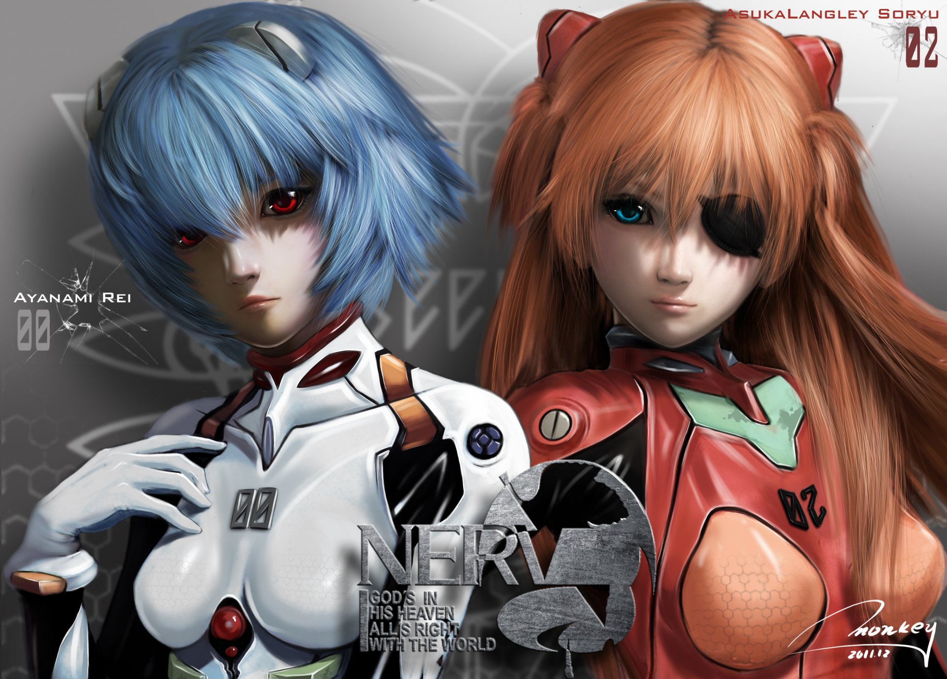 neon genesis evangelion soryu asuka langley ayanami rei girls inscription suit bandage ears