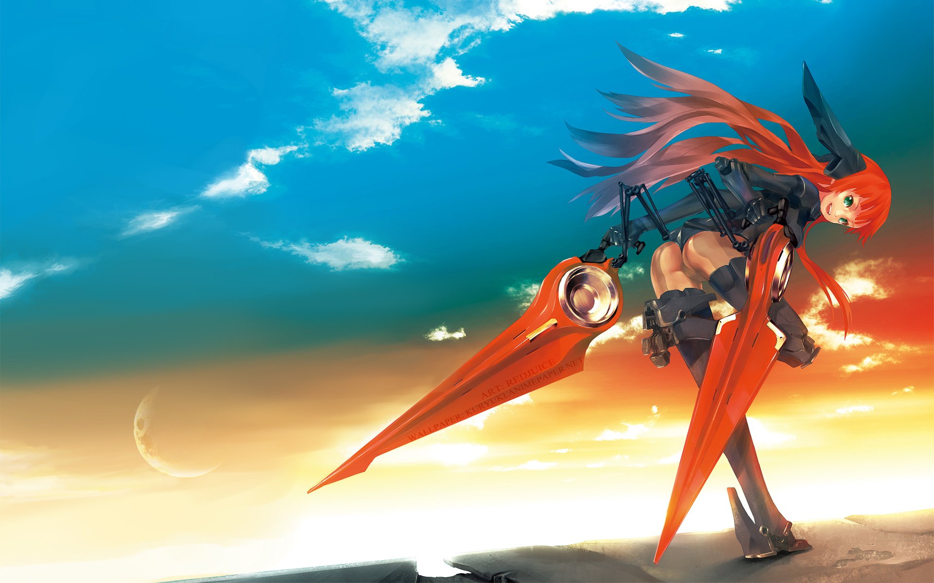 ass green eyes mechagirl moon red hair redjuice sky thighhighs
