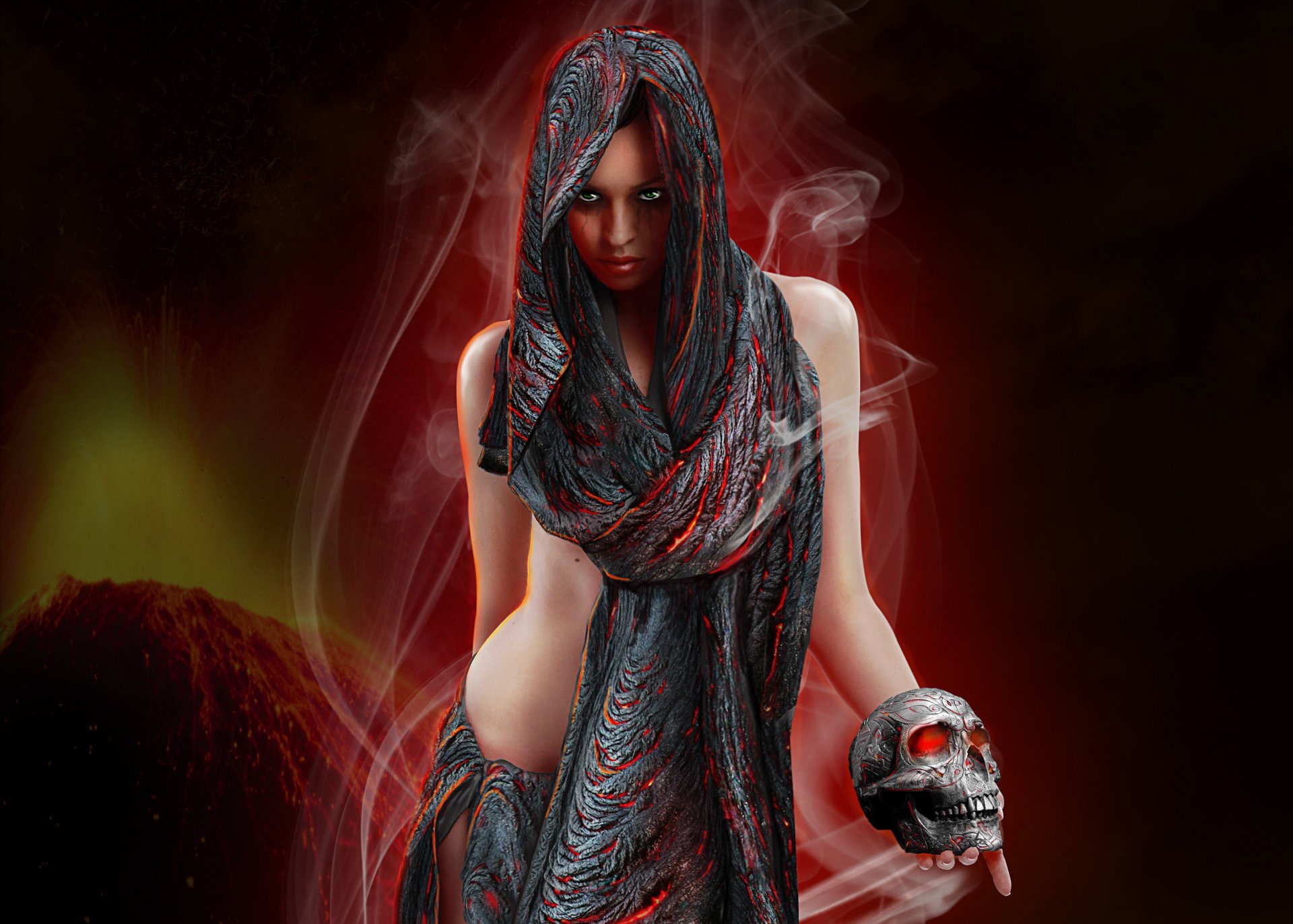 fiction art girl face view eyes scarf cloth skull smoke hands