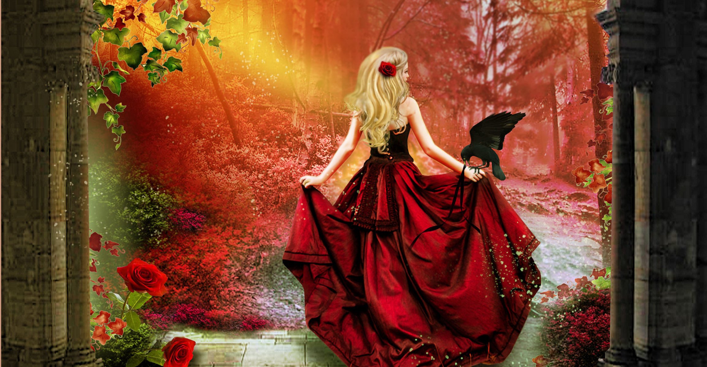 art girl spin red dress flex cable corset rose red hair blonde poultry raven flower tree leaves
