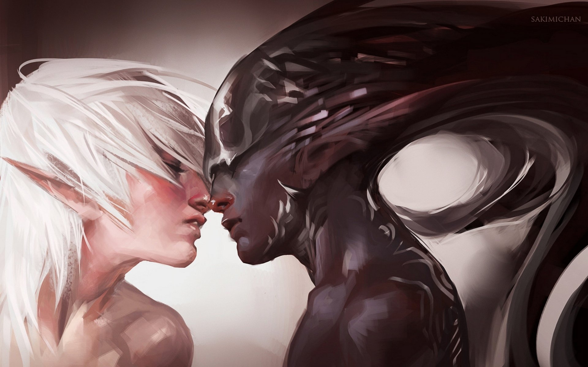 sakimichan men white hair eyes closed section pointy ears dark skin face to face