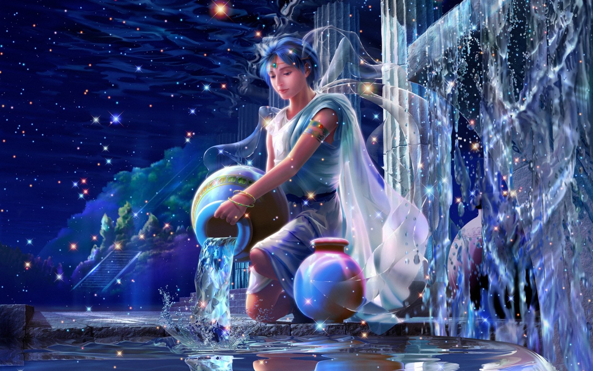 cg wallpapers yutaka kagaya zodiac aquarius starry tales stars beautiful dreams fantasy yutaka kagayya youth ganymede cupbearer of zeus constellation olympus palace crystal column crystals spray water