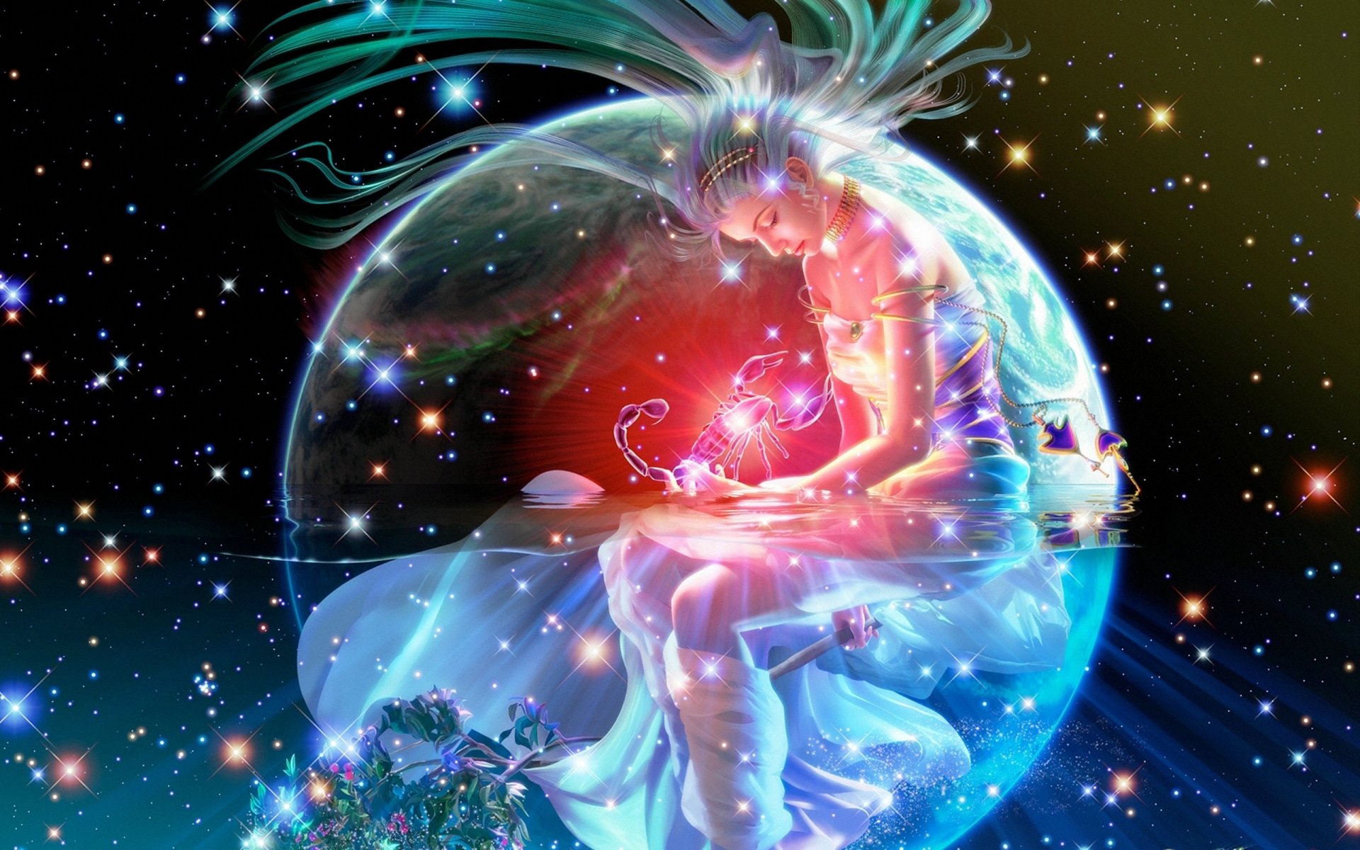 cg wallpapers yutaka kagaya zodiac scorpius starry tales gaia goddess earth scorpion antares stars space beautiful dreams fantasy yutaka kagayya land fire girl constellation night lights