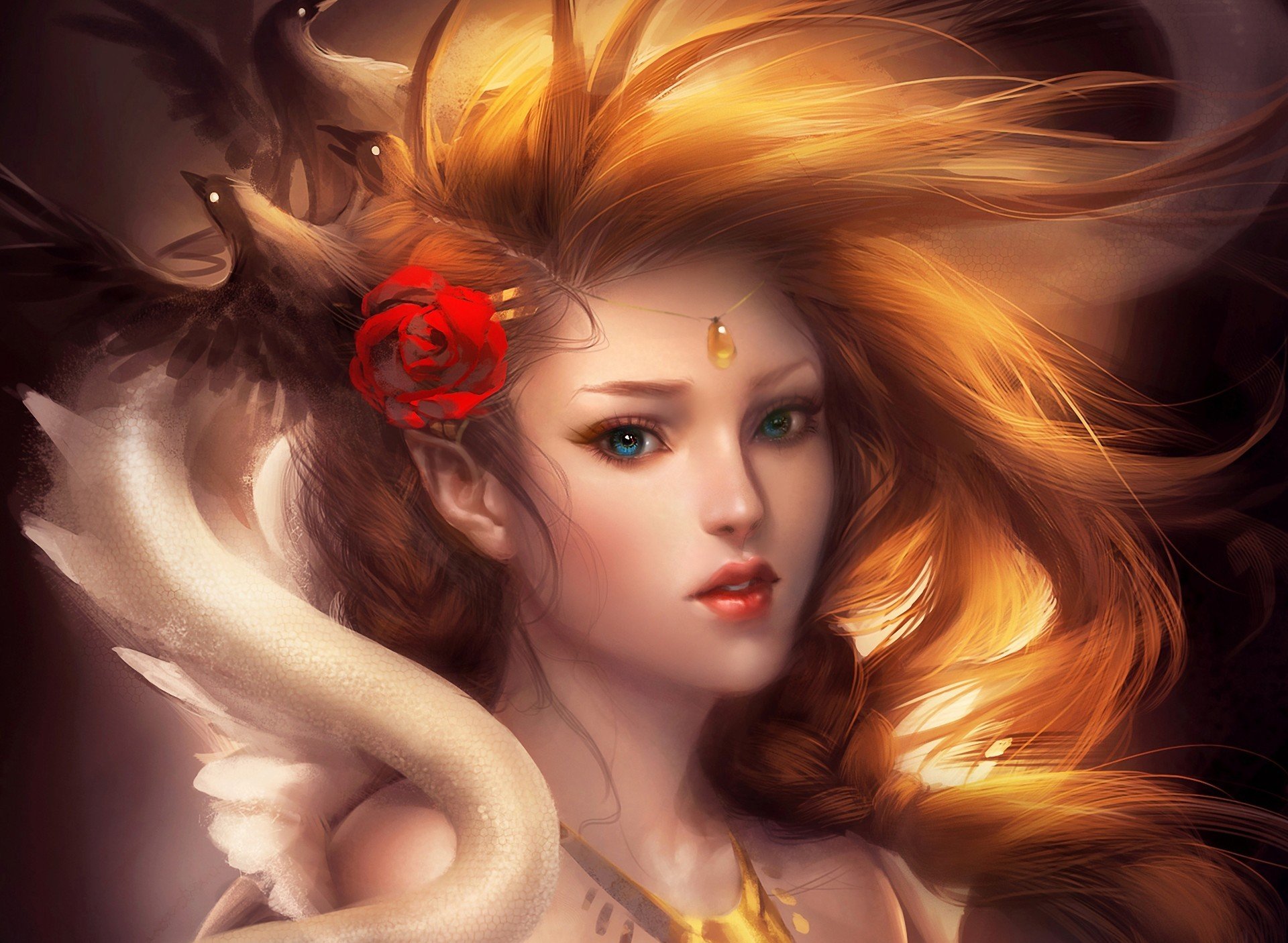 art sakimichan girl raven birds rose pendant spit scales