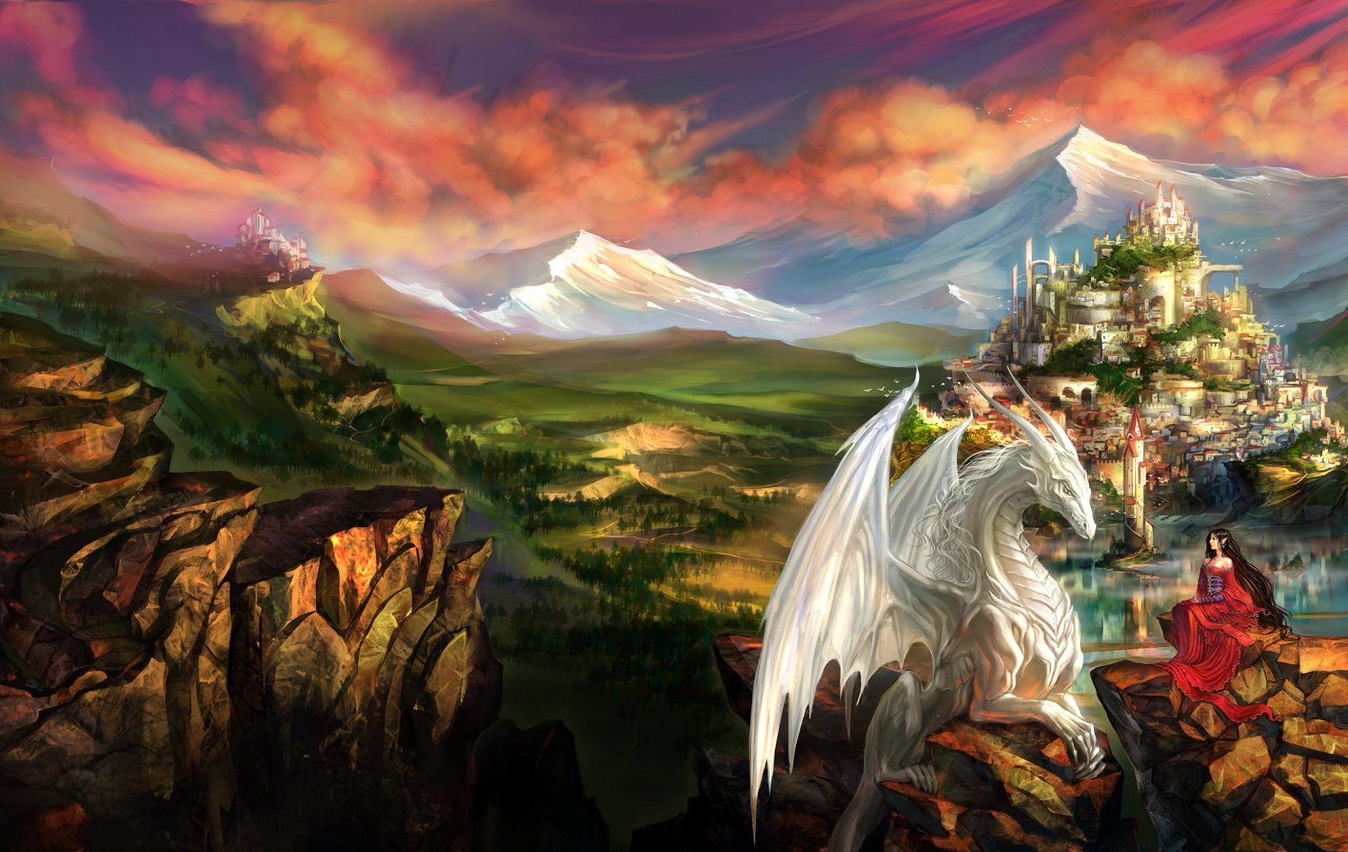 art fantasy landscape dragon elf girl town rock mountain castle