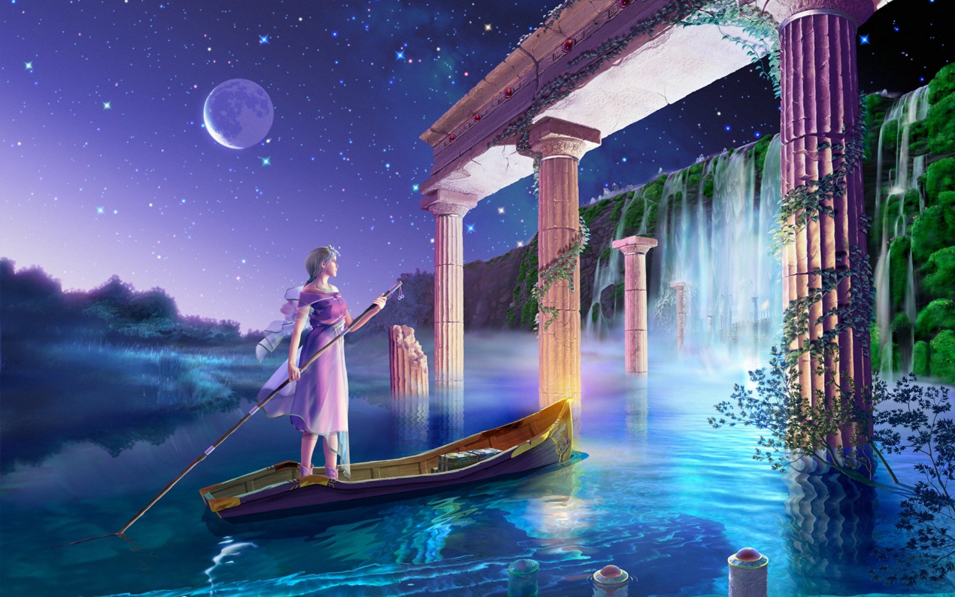 cg wallpapers yutaka kagaya starry tales celestial exploring back into the palace earthlight before the dawn moon gates princess stars dreams waterfall future city fantasy yutaka kagayya return of the