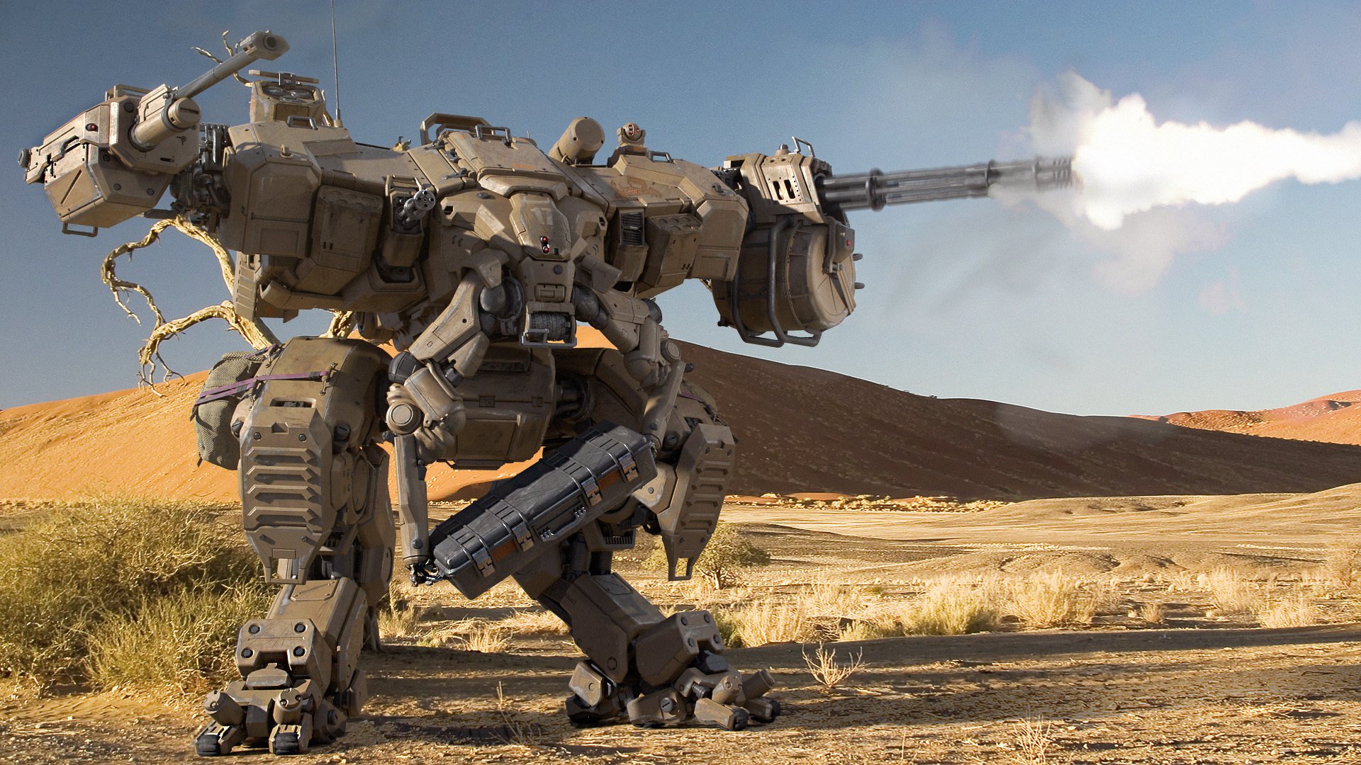 robots shagatel machine guns fire shooting desert sands
