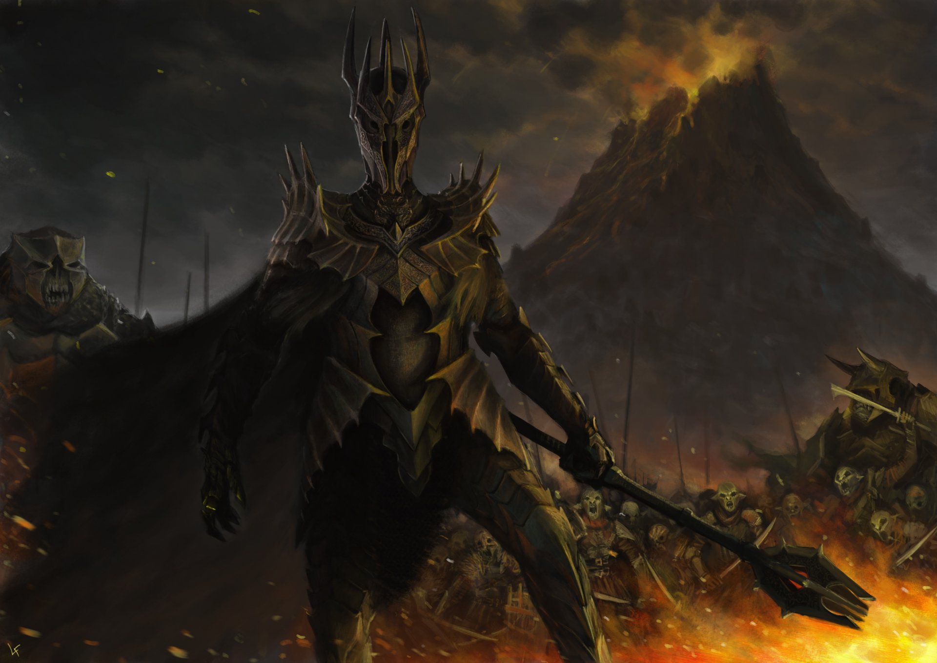 lord of the rings the lord of the rings sauron art laslolf battle mountain fire armor mace troll orcs