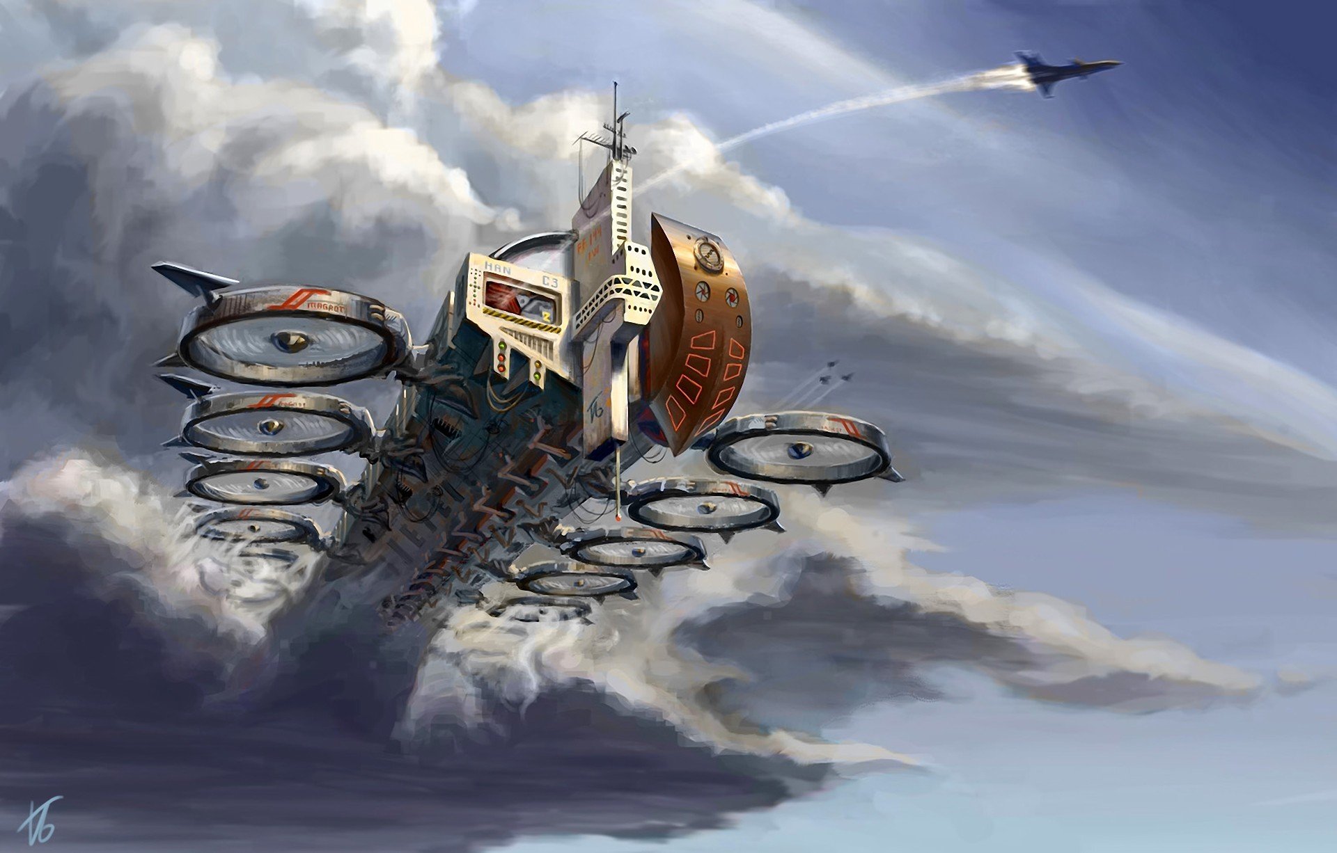 art edarneor ship transportation planes in the sky clouds